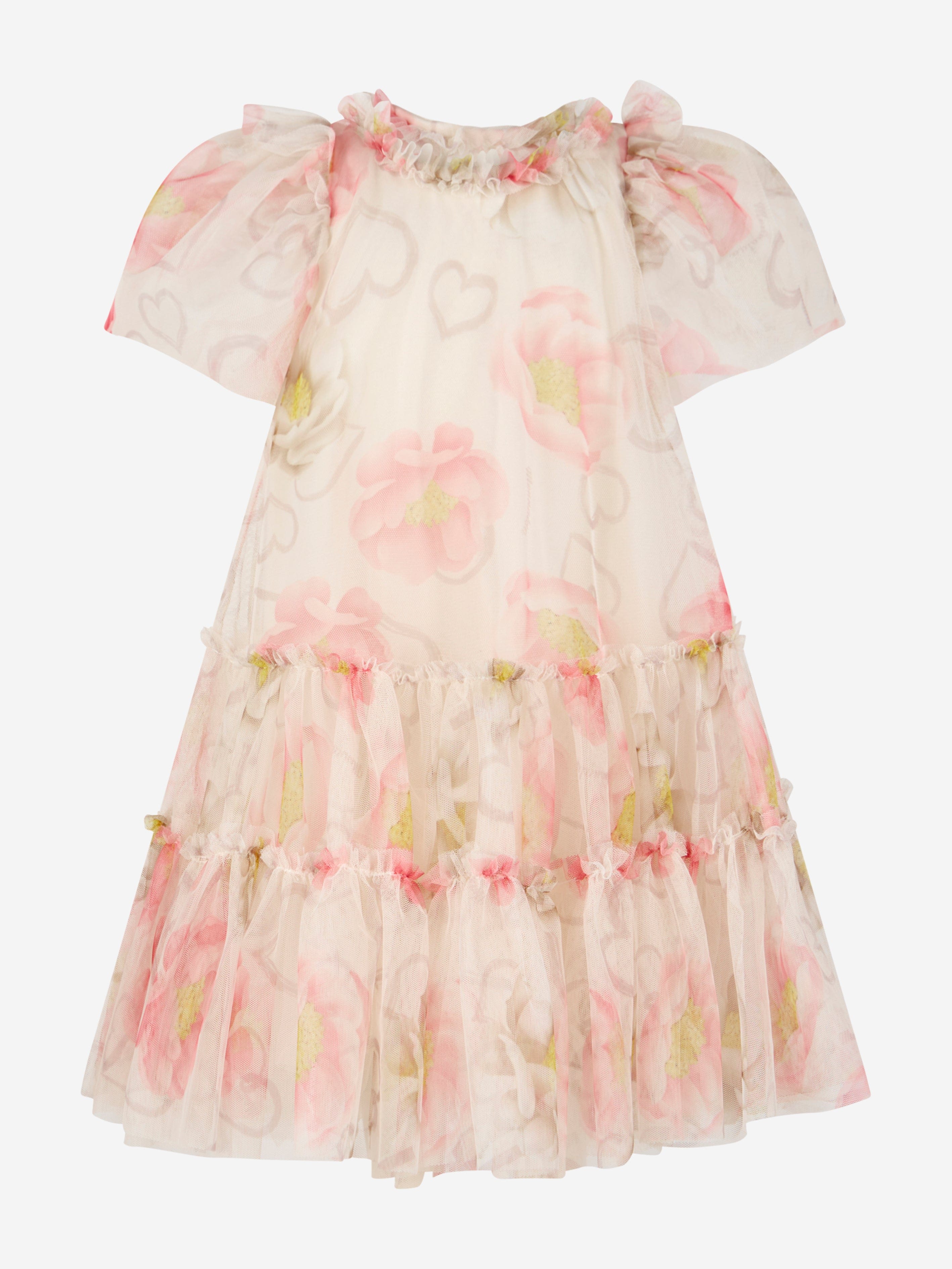 Monnalisa Girls Tulle Ruffle Dress in Ivory