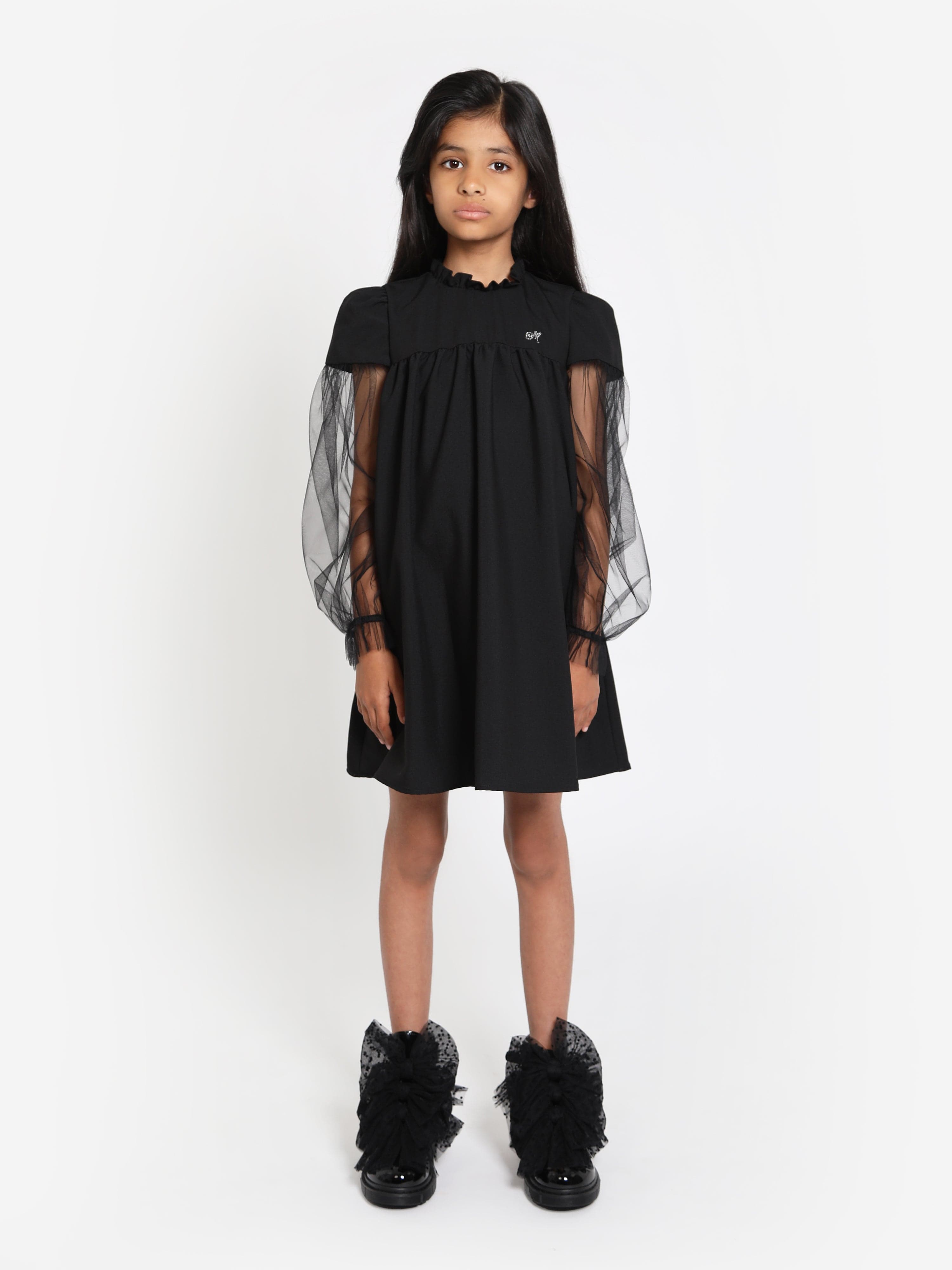 Monnalisa Girls Mesh Sleeve Shift Dress in Black