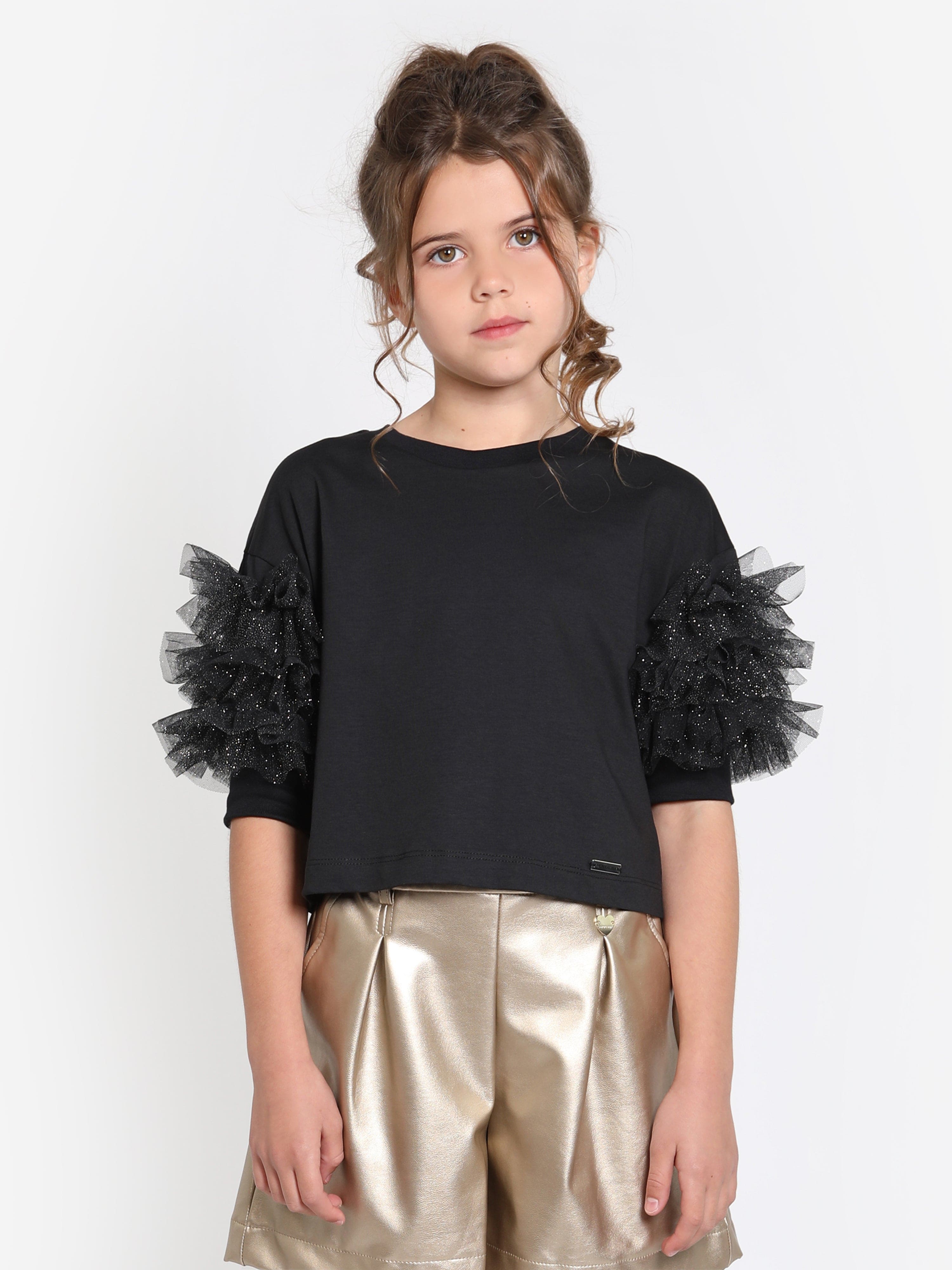 Monnalisa Girls Ruffle Tulle Cropped T-Shirt in Black