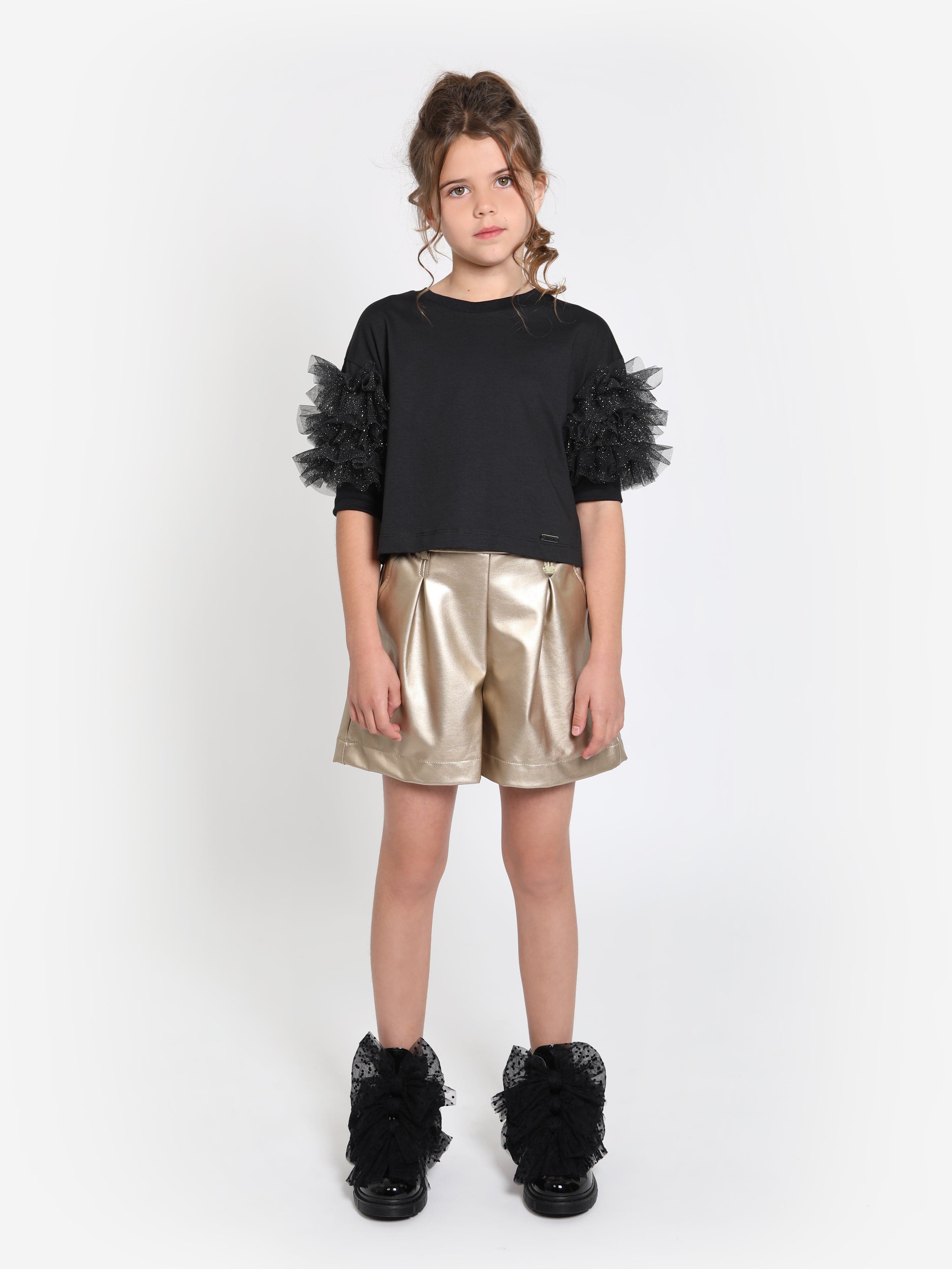 Monnalisa Girls Ruffle Tulle Cropped T-Shirt in Black