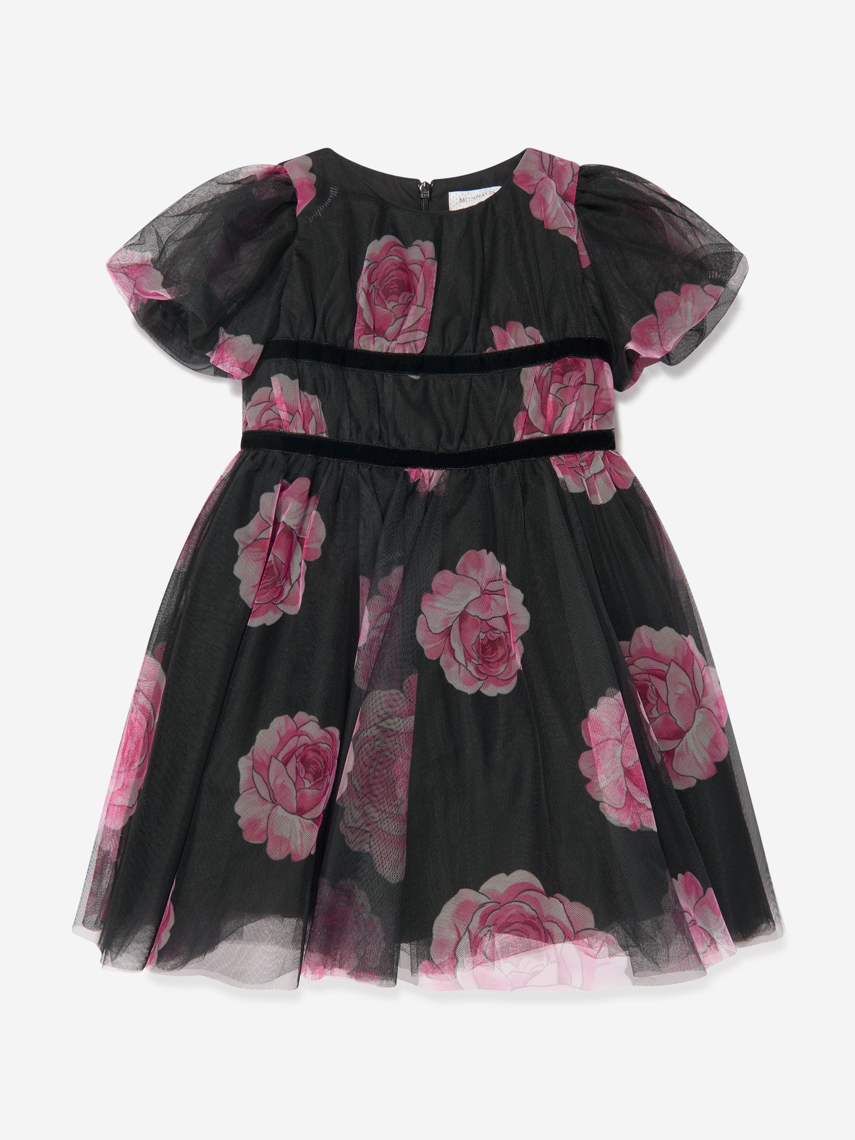 Monnalisa Girls Tulle Flower Print Dress in Black