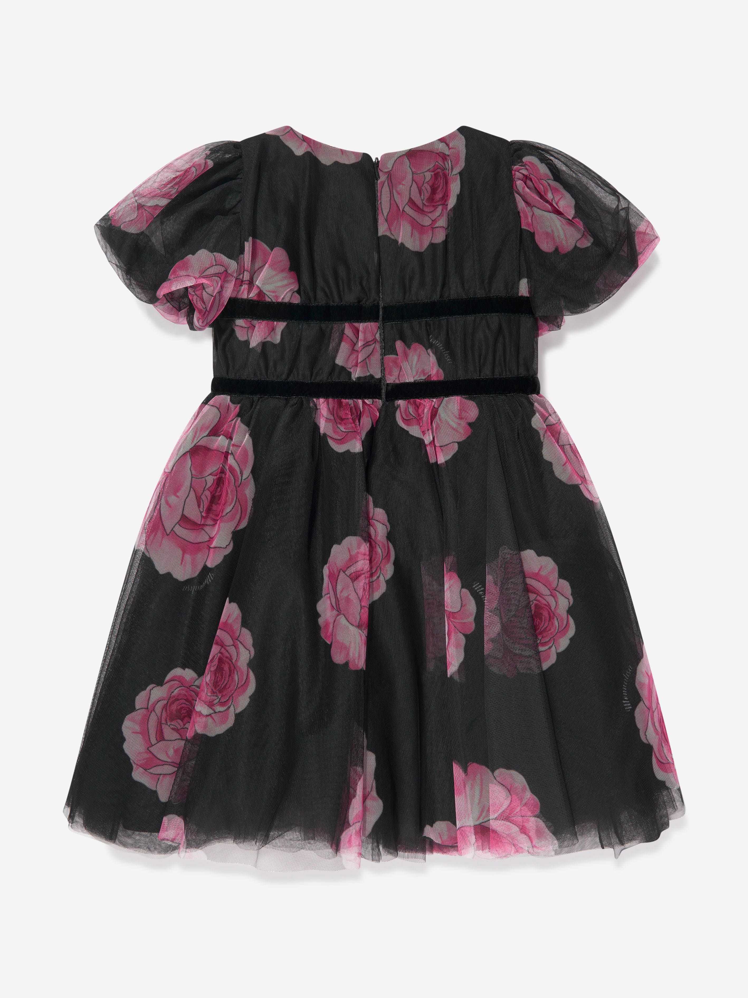 Monnalisa Girls Tulle Flower Print Dress in Black