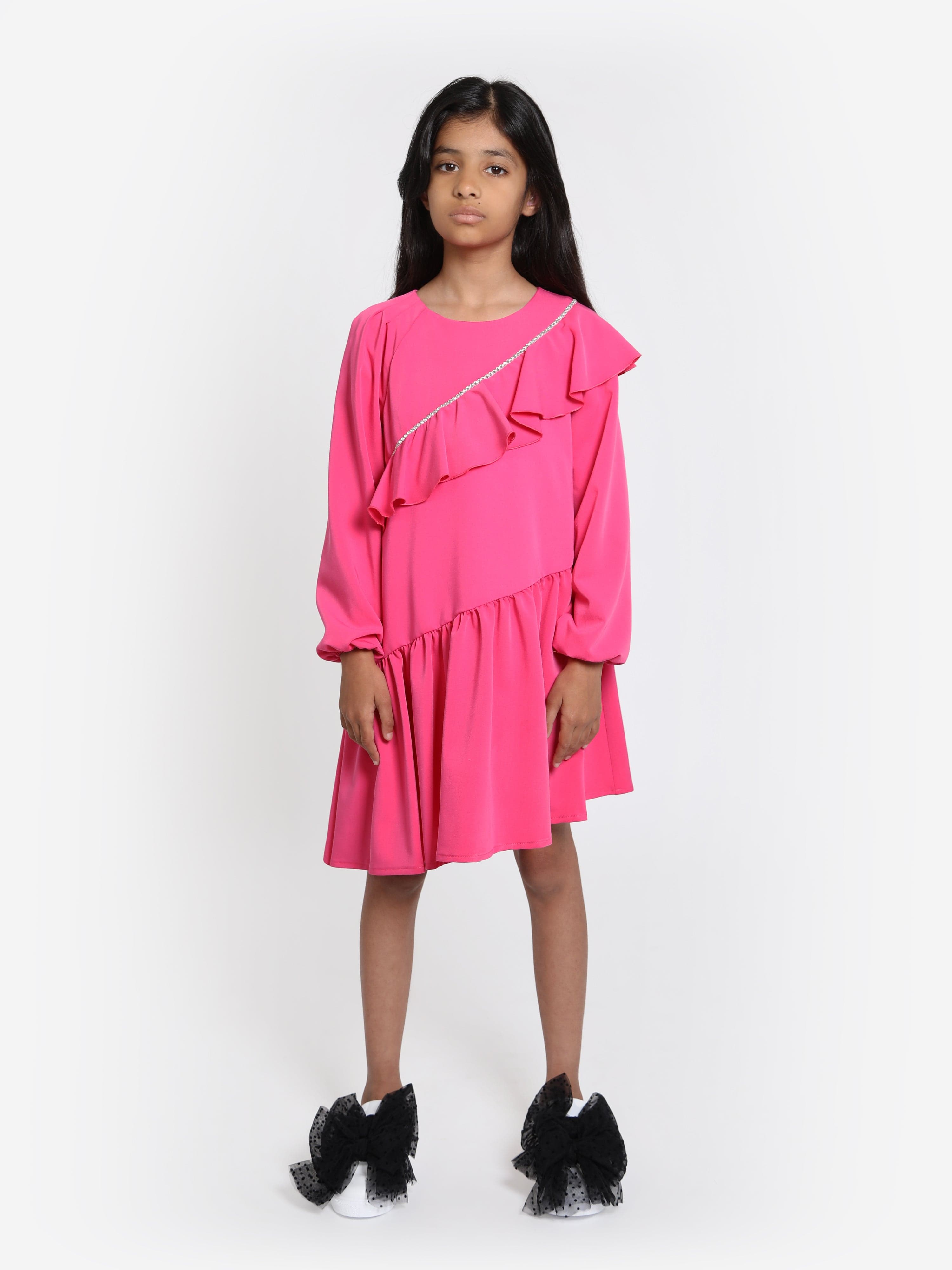 Monnalisa Girls Embellished Ruffle Dress in Pink