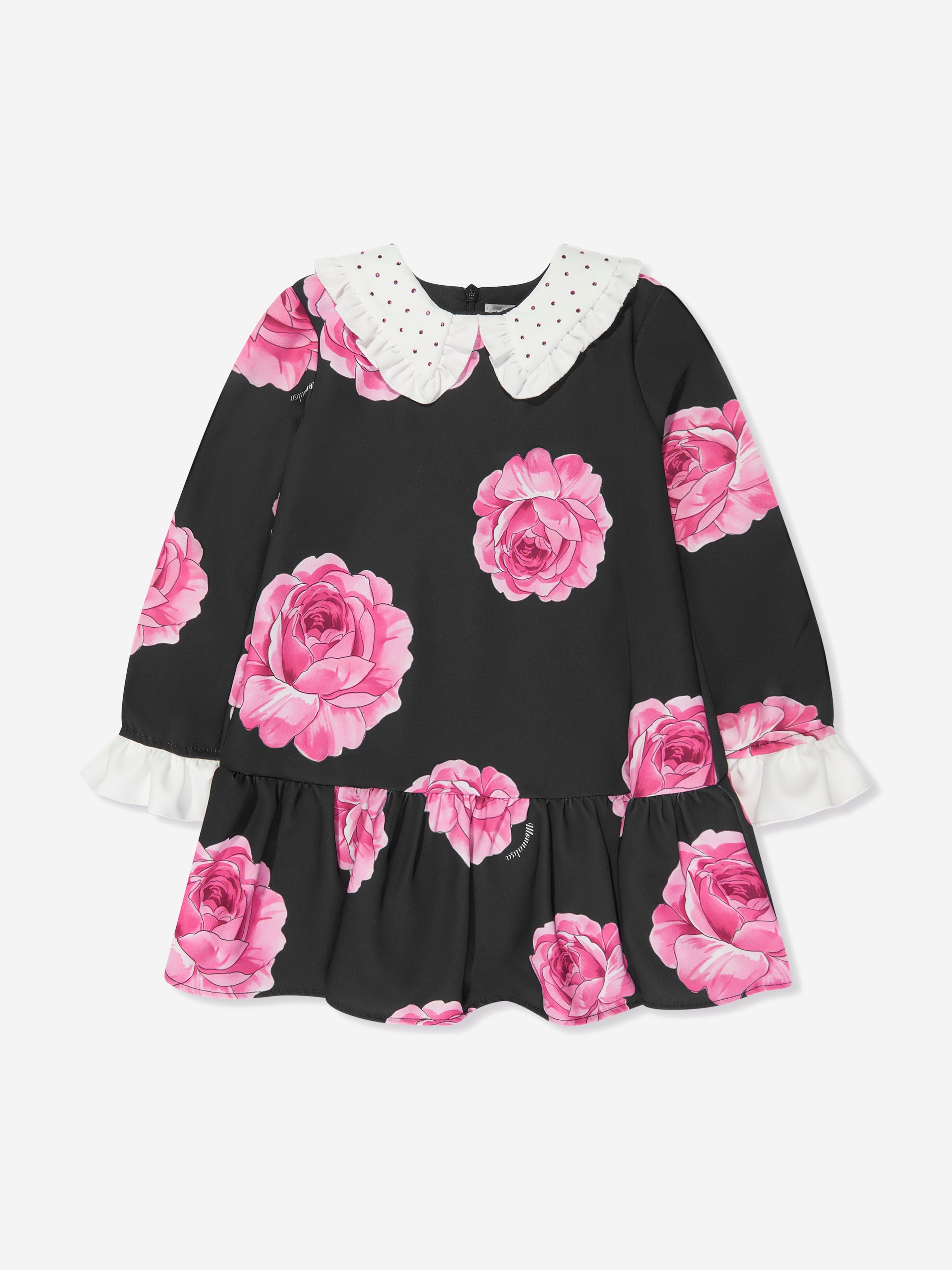 Monnalisa Girls Floral Dropped Hem Dress in Black