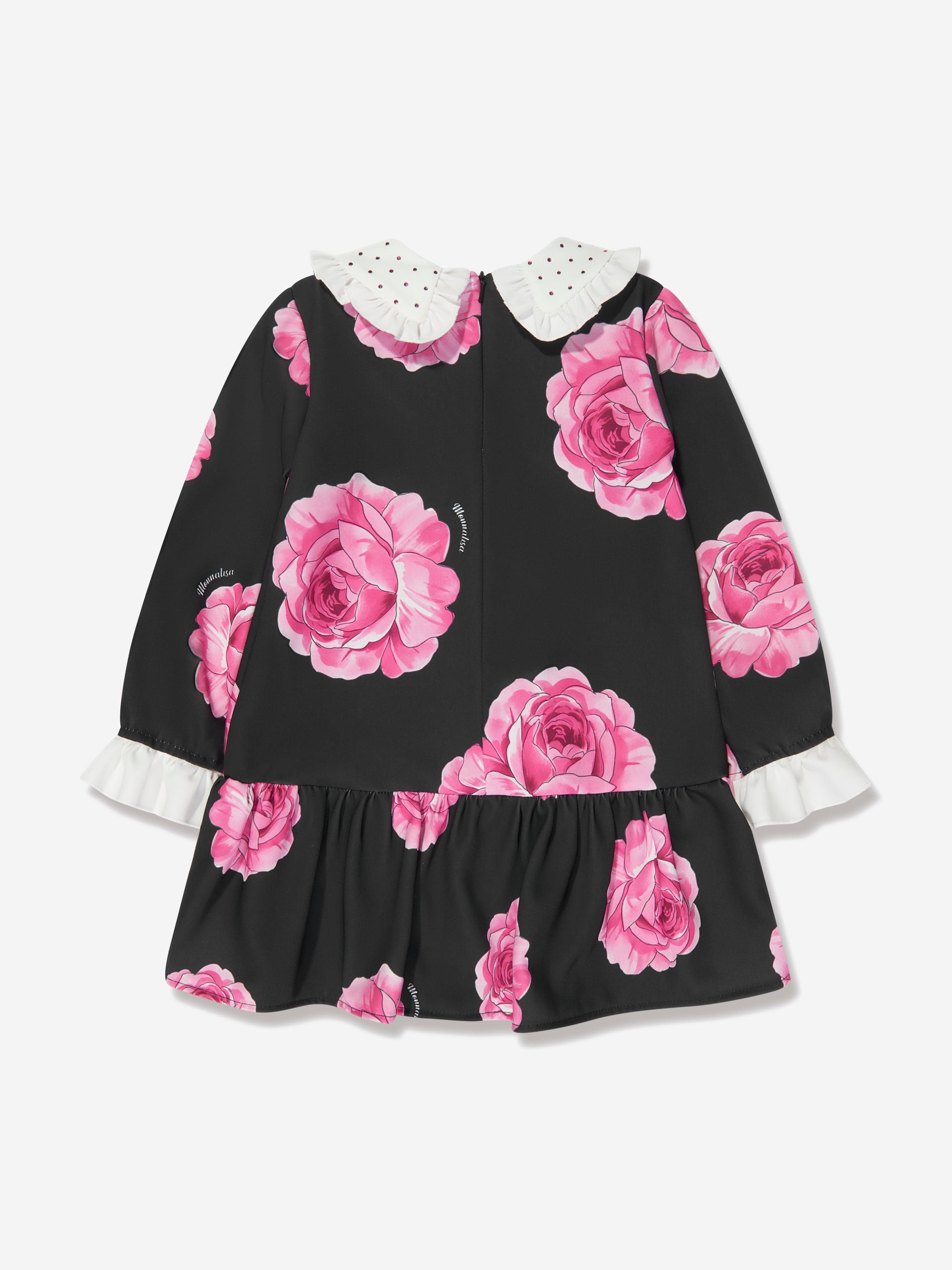 Monnalisa Girls Floral Dropped Hem Dress in Black