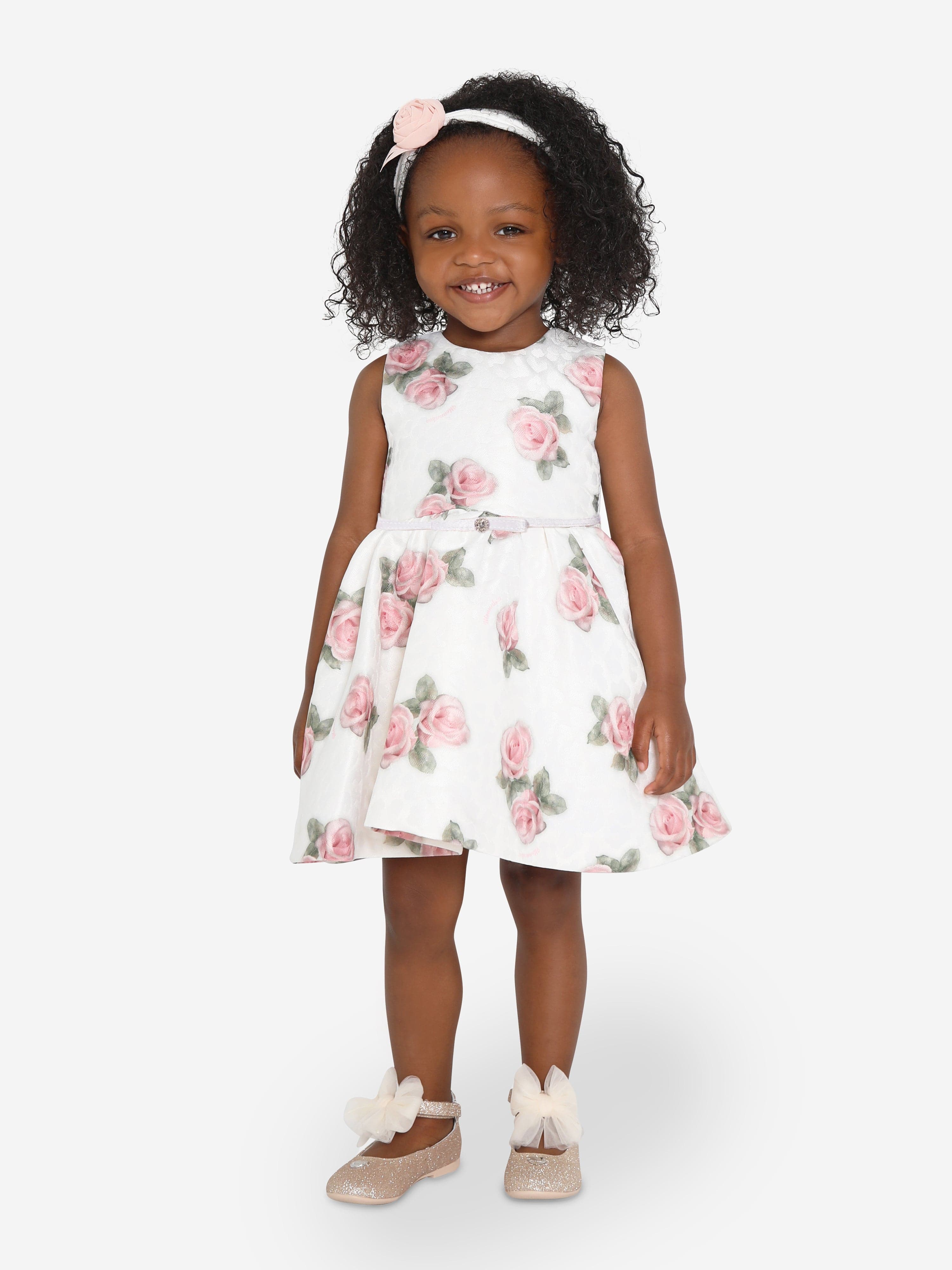 Monnalisa Baby Girls Sleeveless Rose Print Dress in White