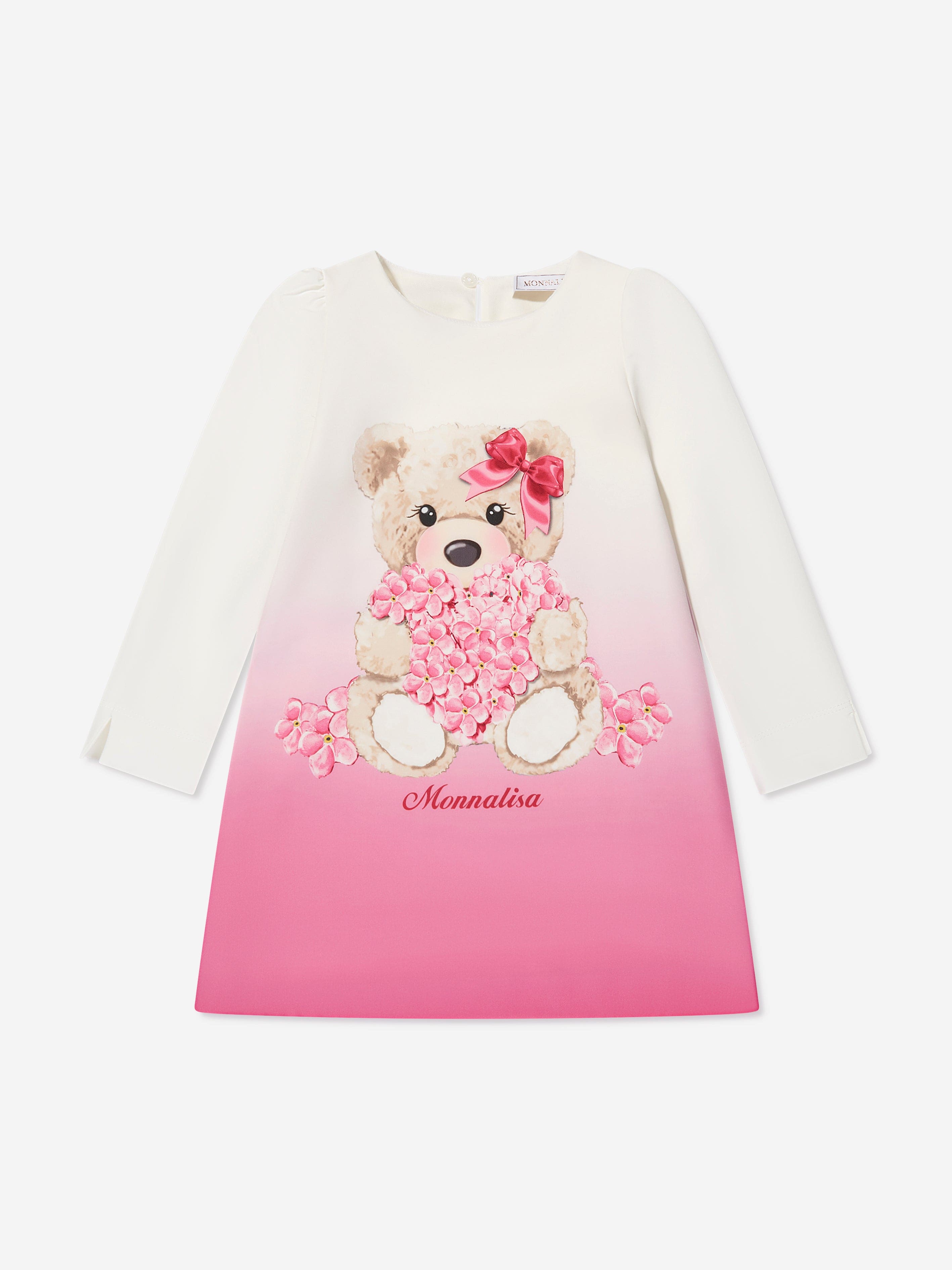 Monnalisa Girls Teddy Bear Dress in Ivory