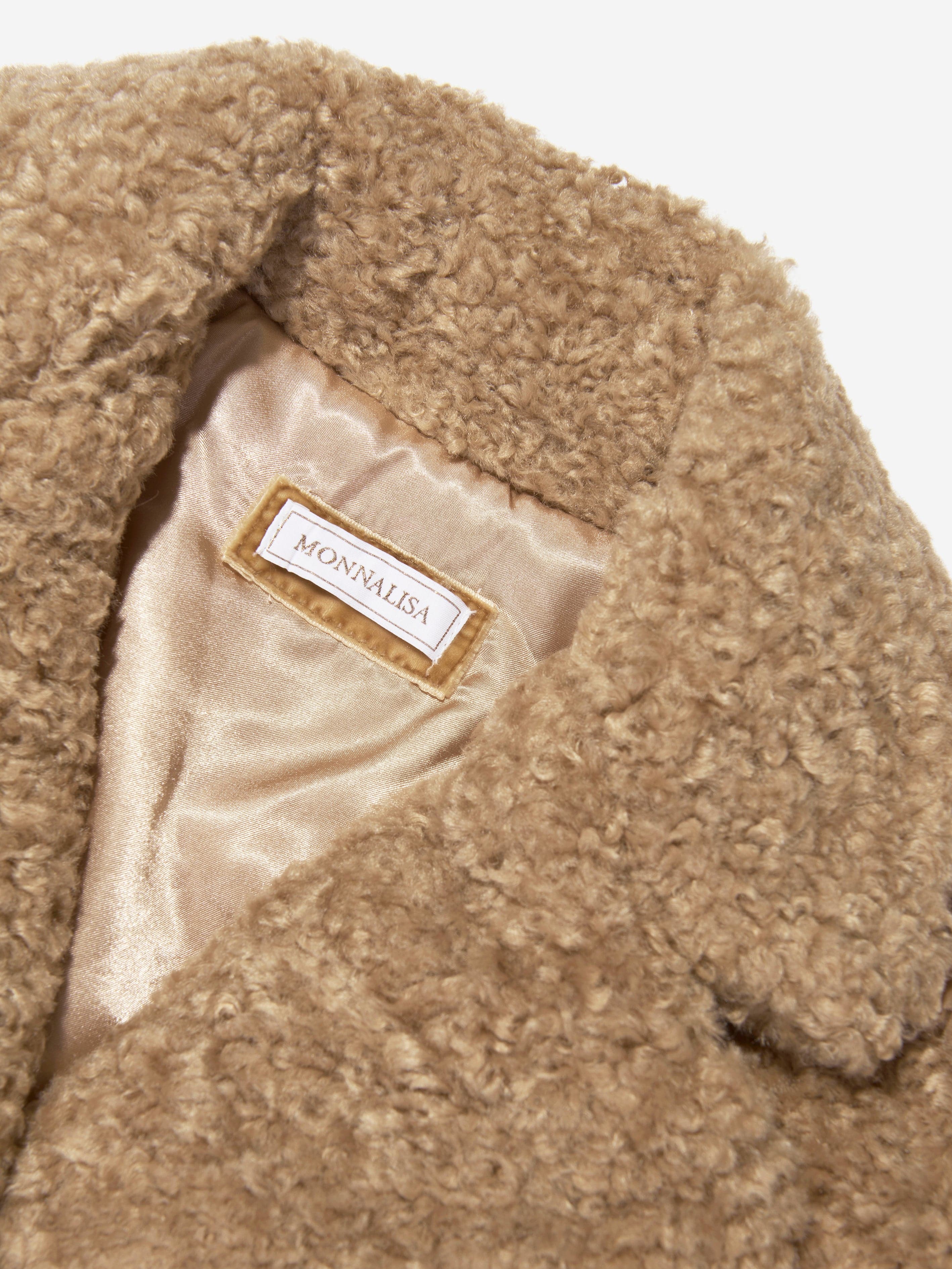 Monnalisa Girls Plush Teddy Coat in Beige