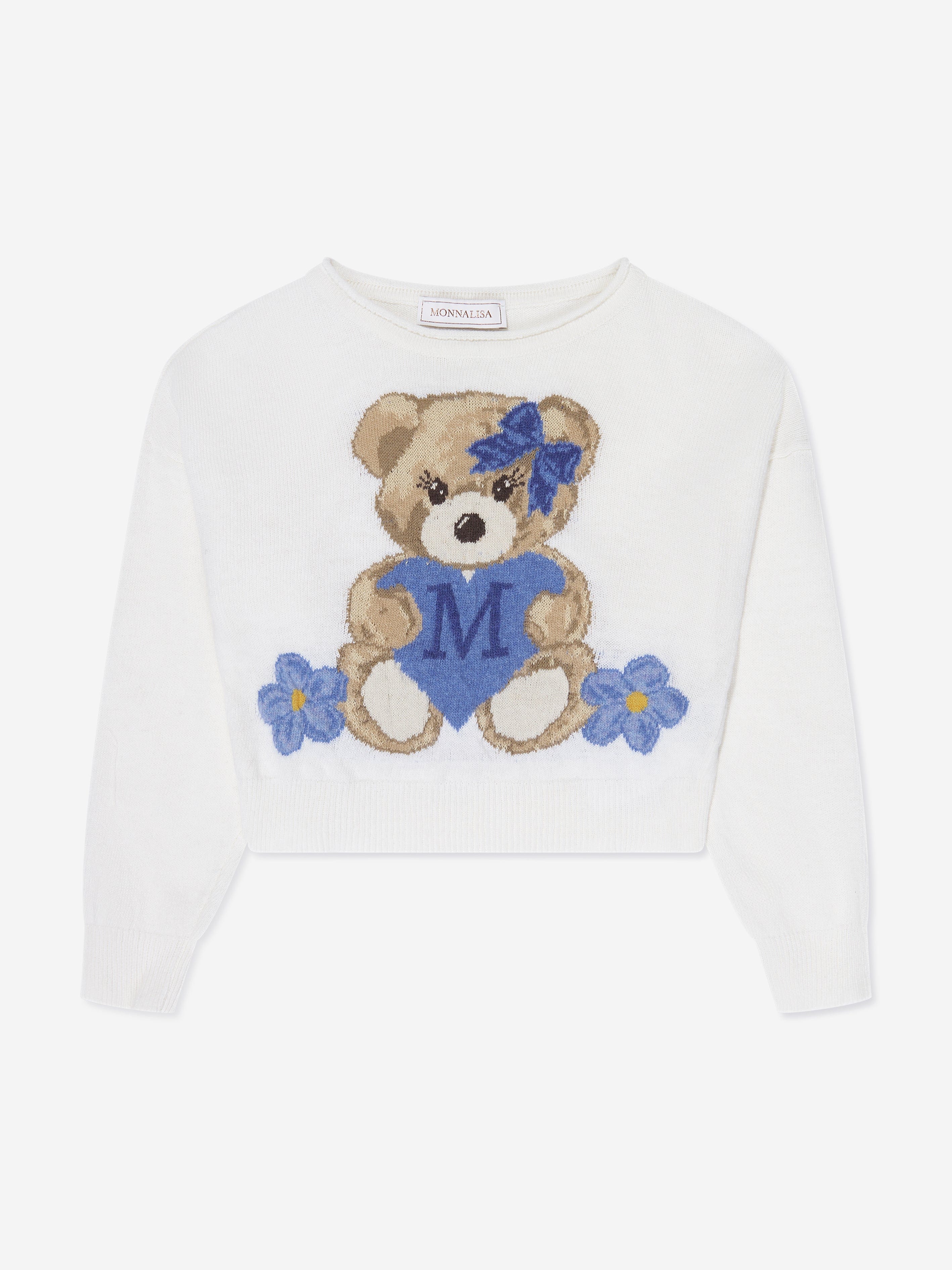 Monnalisa Girls Teddy Bear Knitted Jumper In Ivory