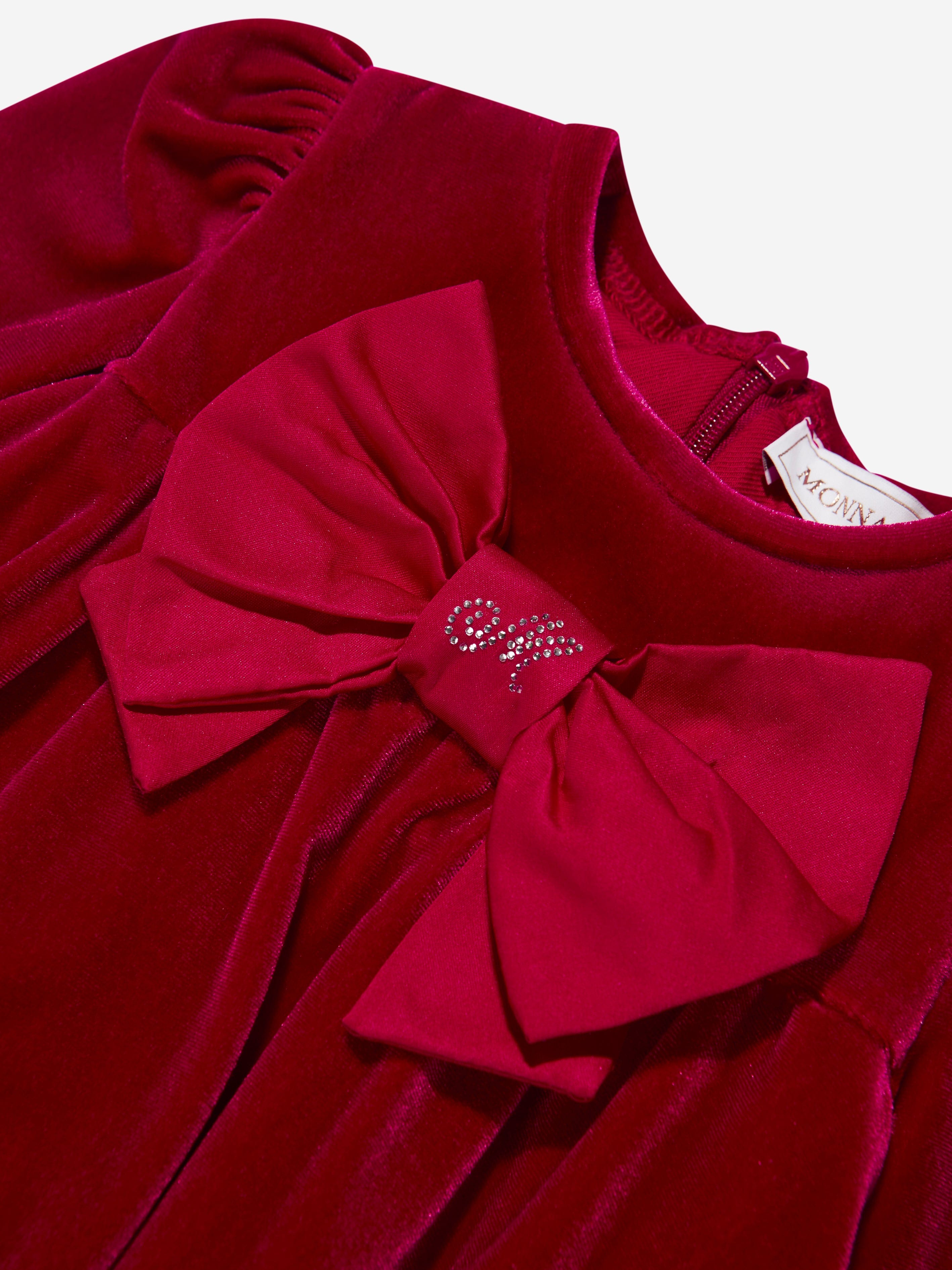 Monnalisa Baby Girls Velour Bow Dress in Red