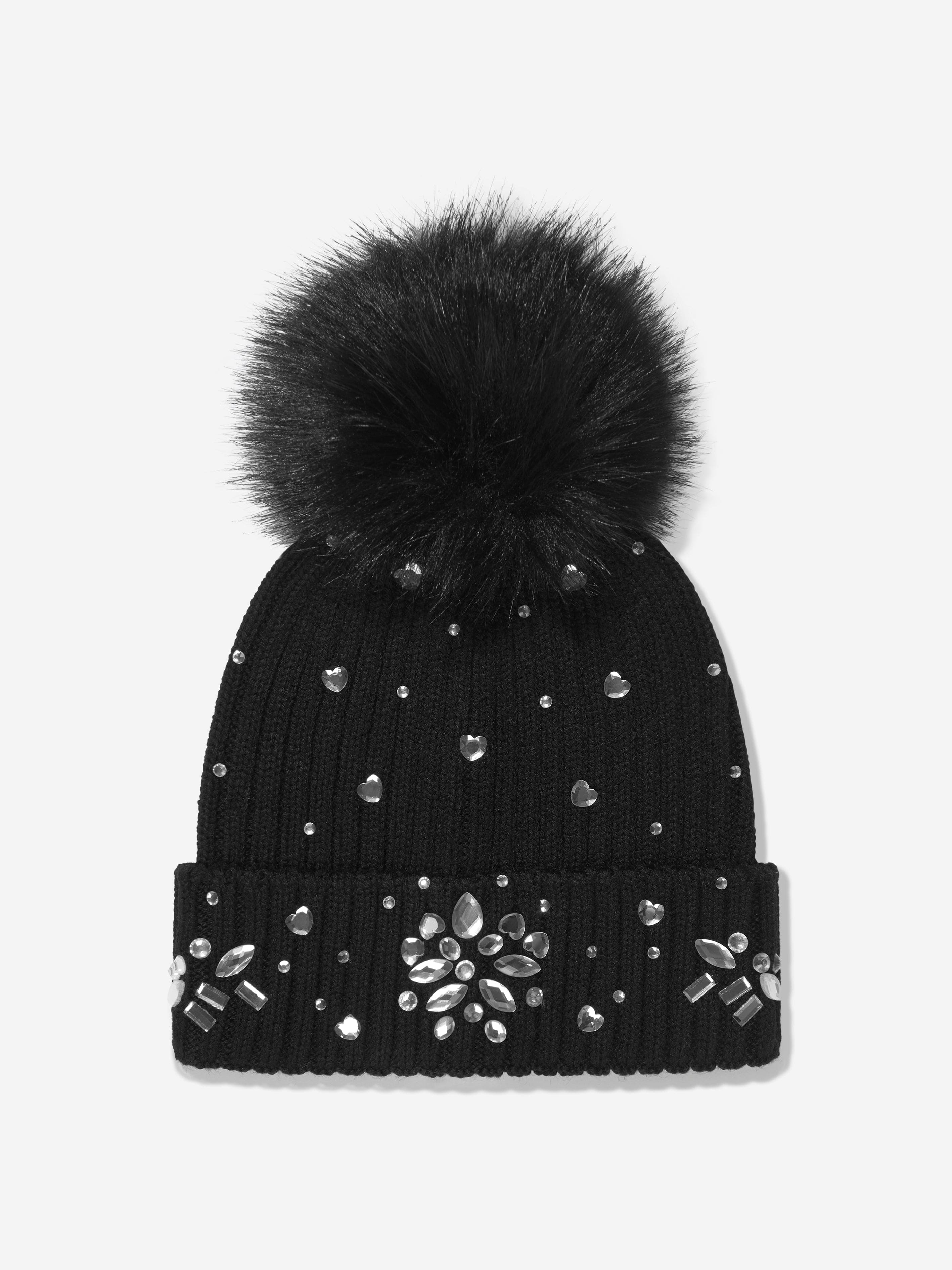 Monnalisa Girls Diamante Pom Pom Hat in Black