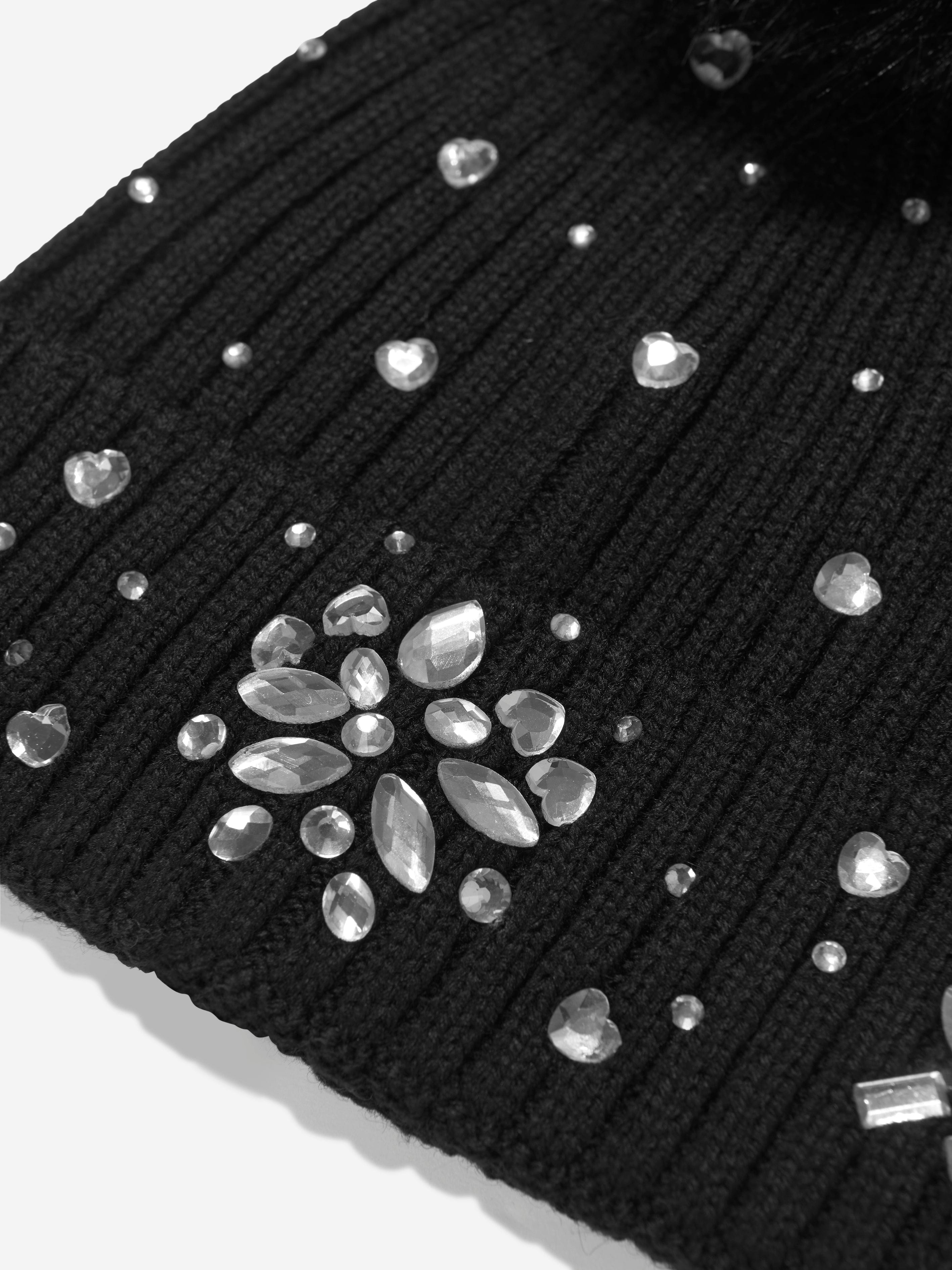 Monnalisa Girls Diamante Pom Pom Hat in Black