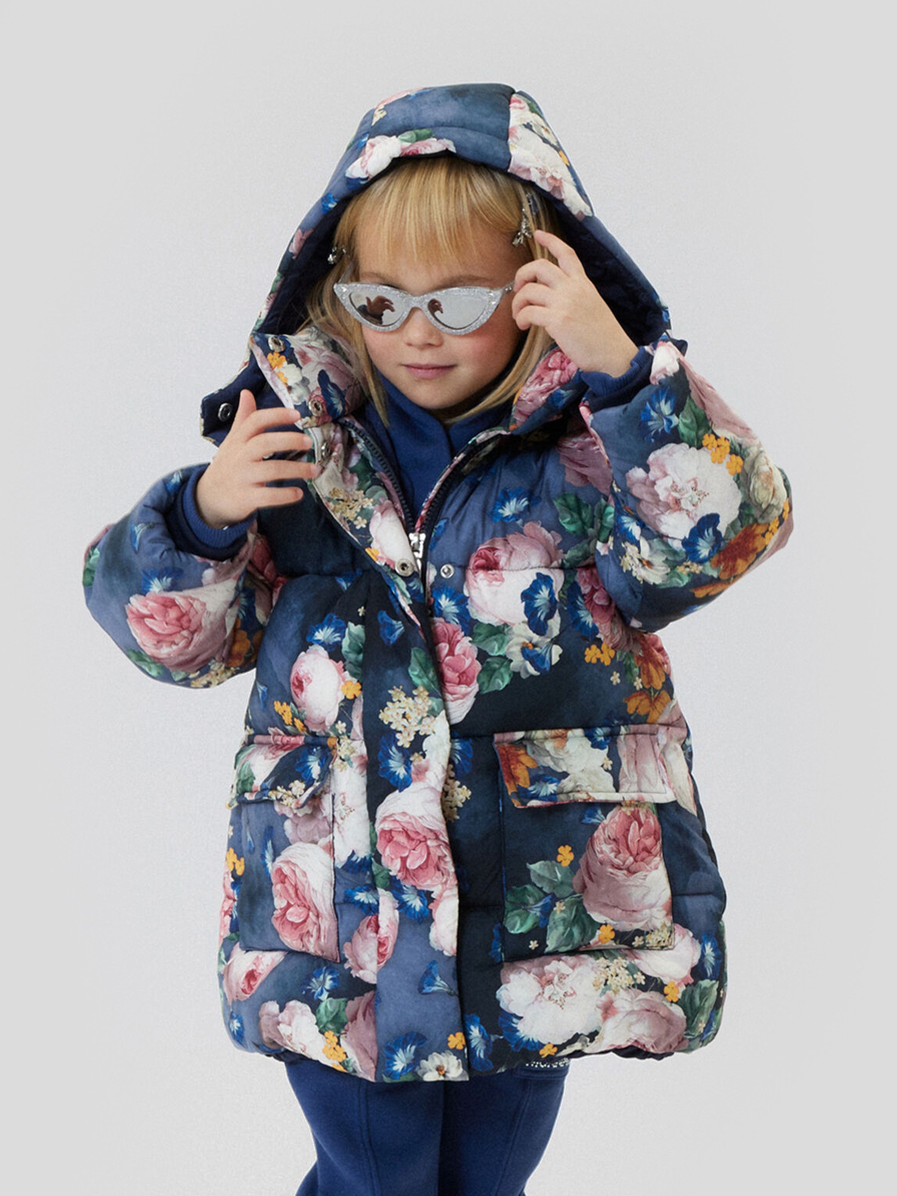 Monnalisa Girls Baroque Roses Puffer Jacket in Blue