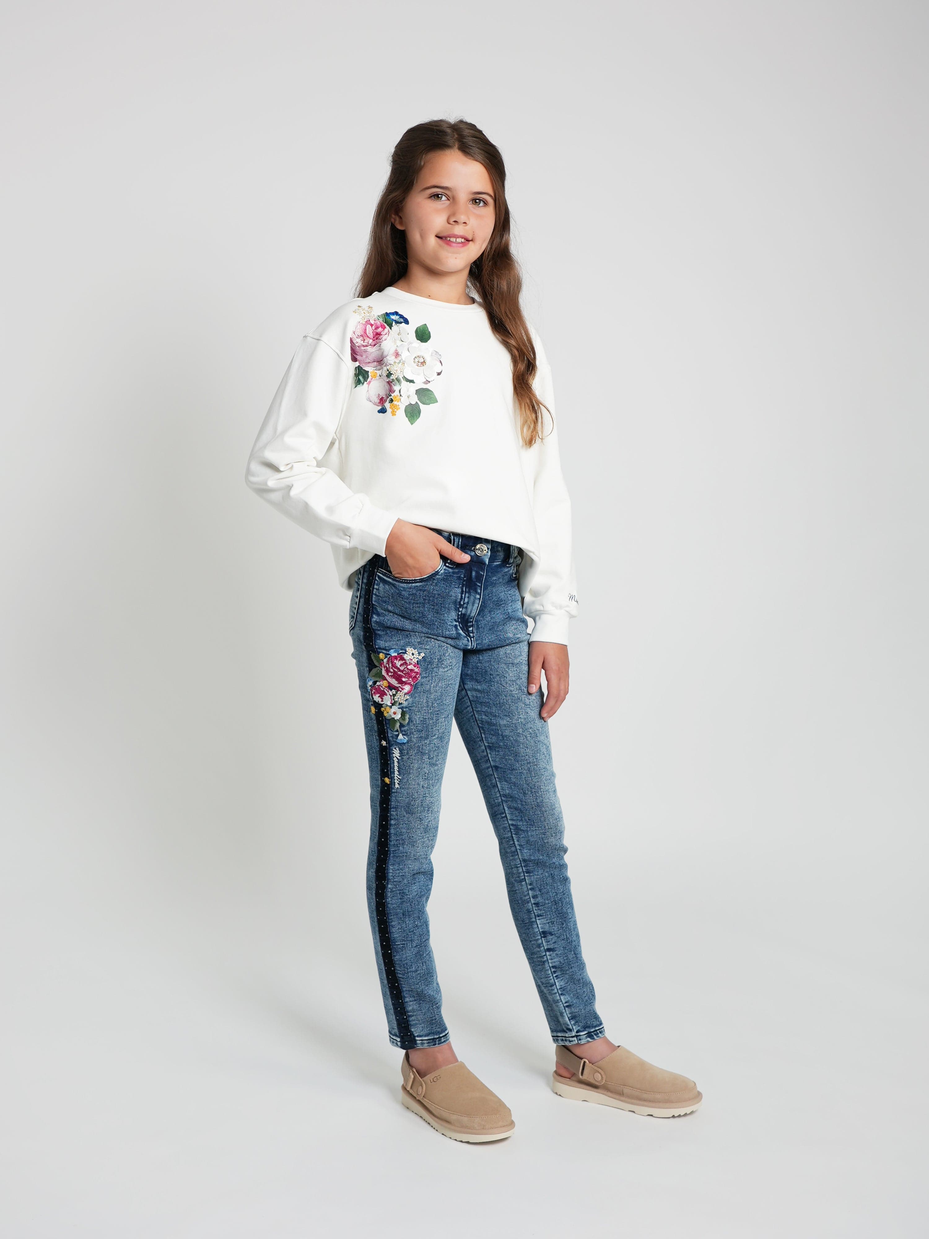 Monnalisa Girls Embroidered Denim Stretch Jeans in Blue