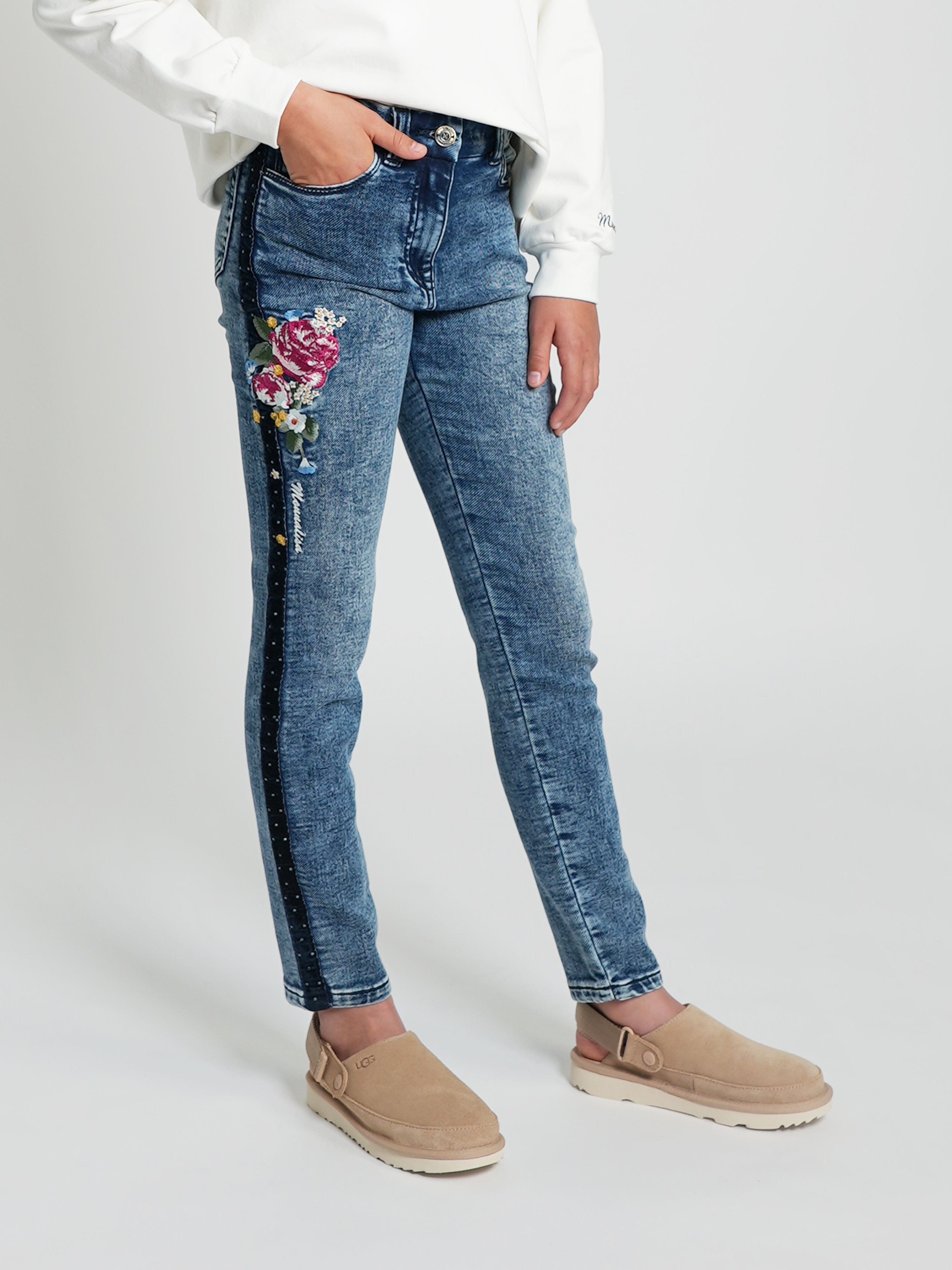 Monnalisa Girls Embroidered Denim Stretch Jeans in Blue