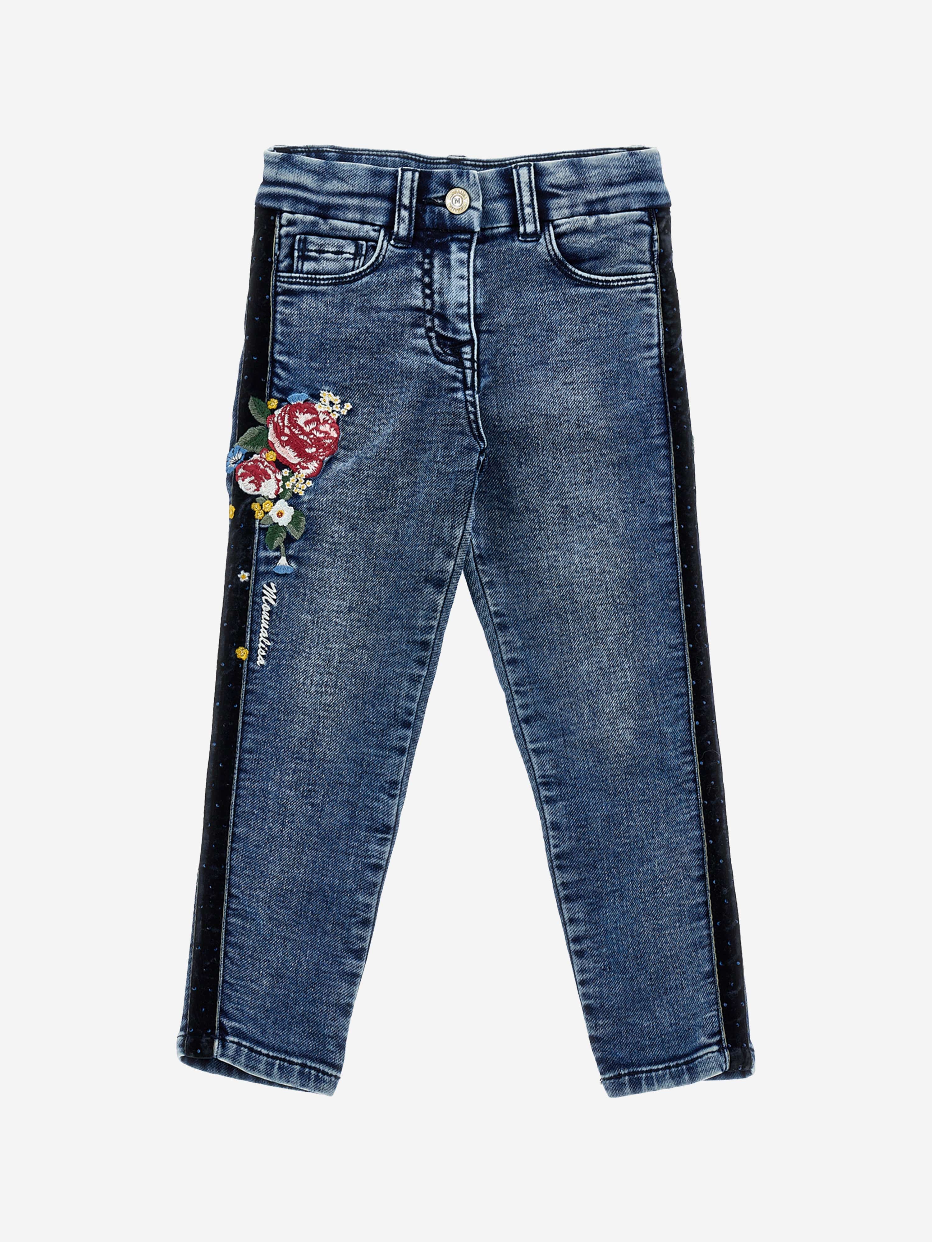 Monnalisa Girls Embroidered Denim Stretch Jeans in Blue