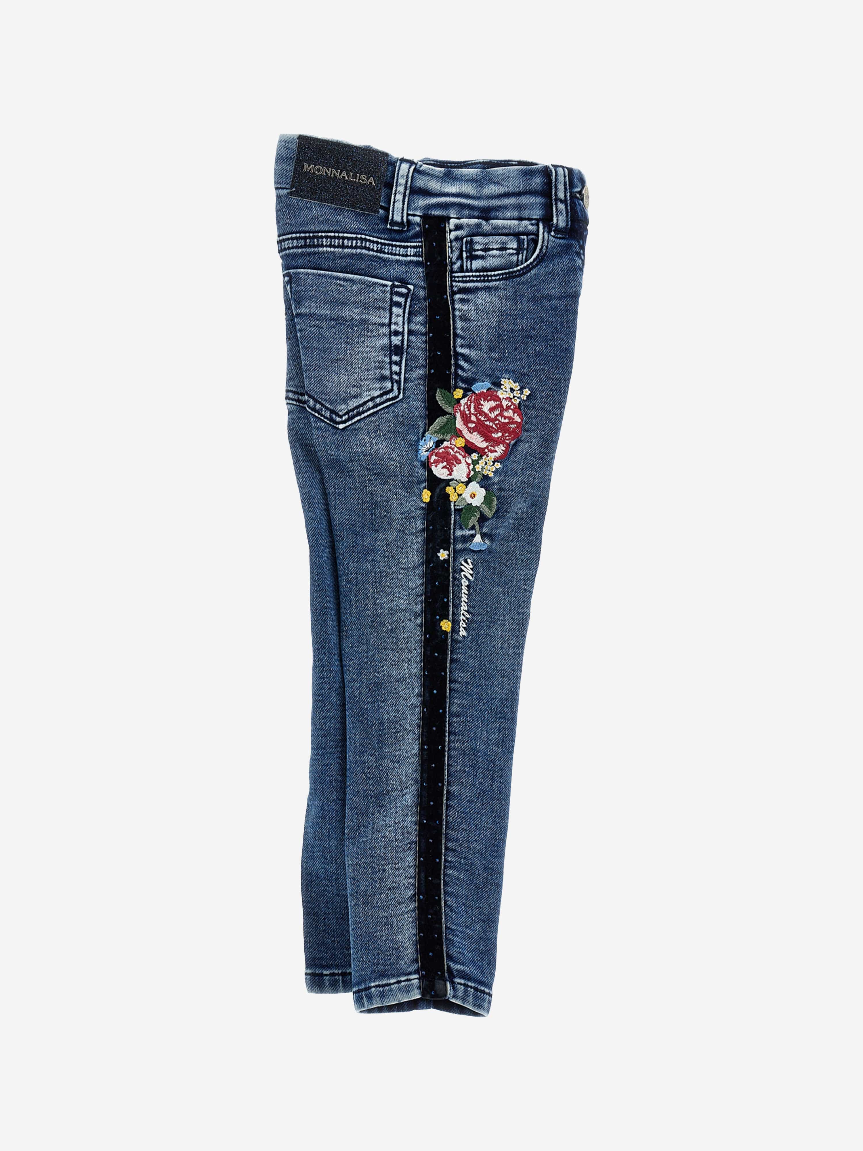 Monnalisa Girls Embroidered Denim Stretch Jeans in Blue