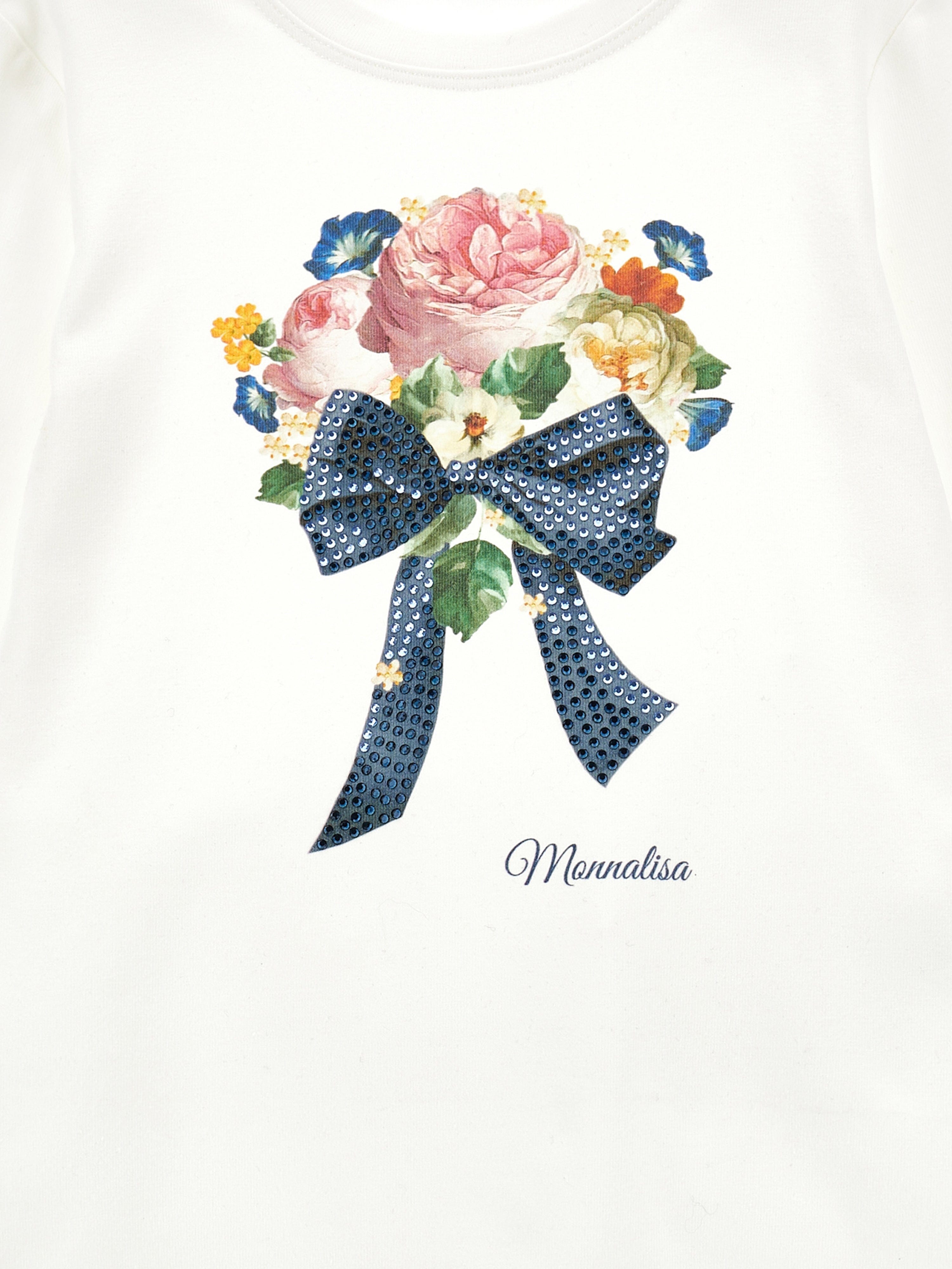 Monnalisa Girls Long Sleeve Bouquet T-Shirt in Ivory