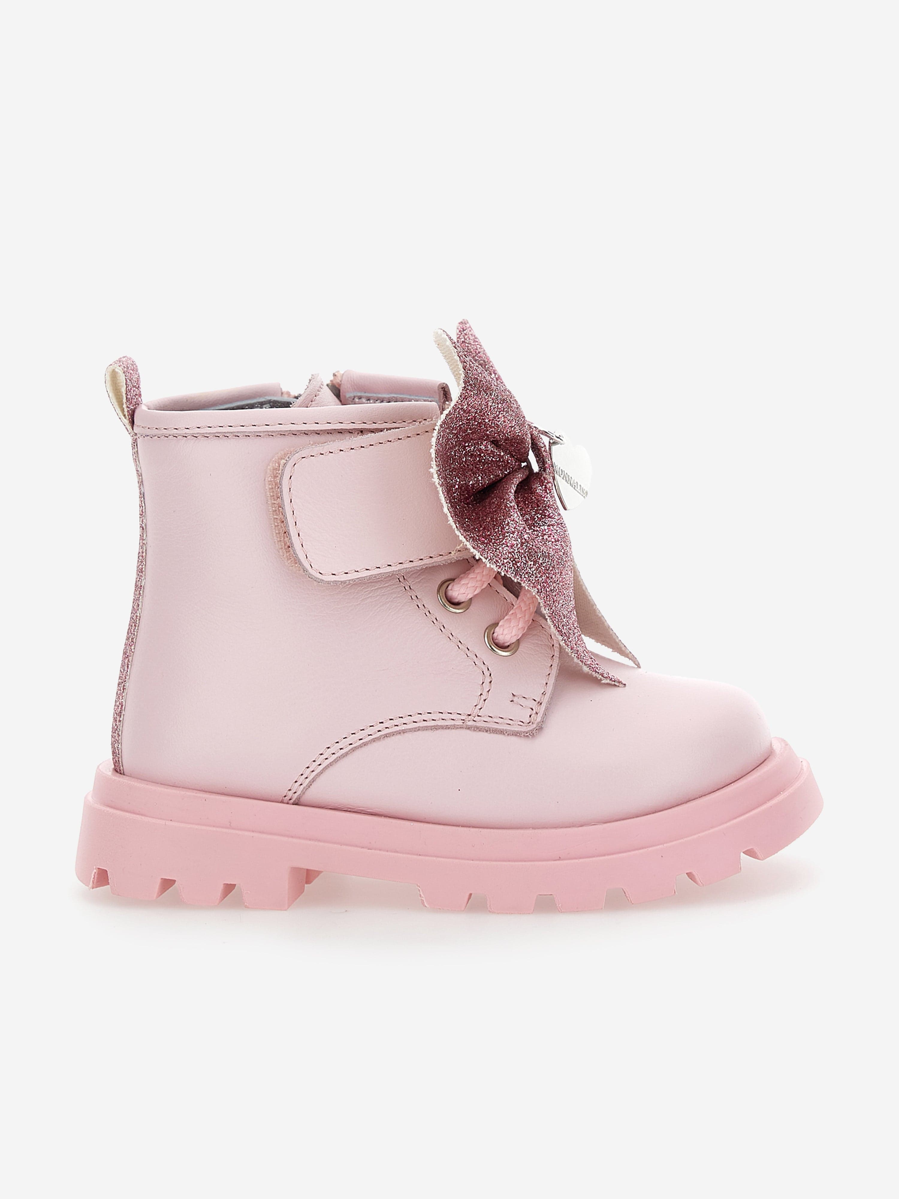 Monnalisa Girls Leather Glitter Bow Boots in Pink