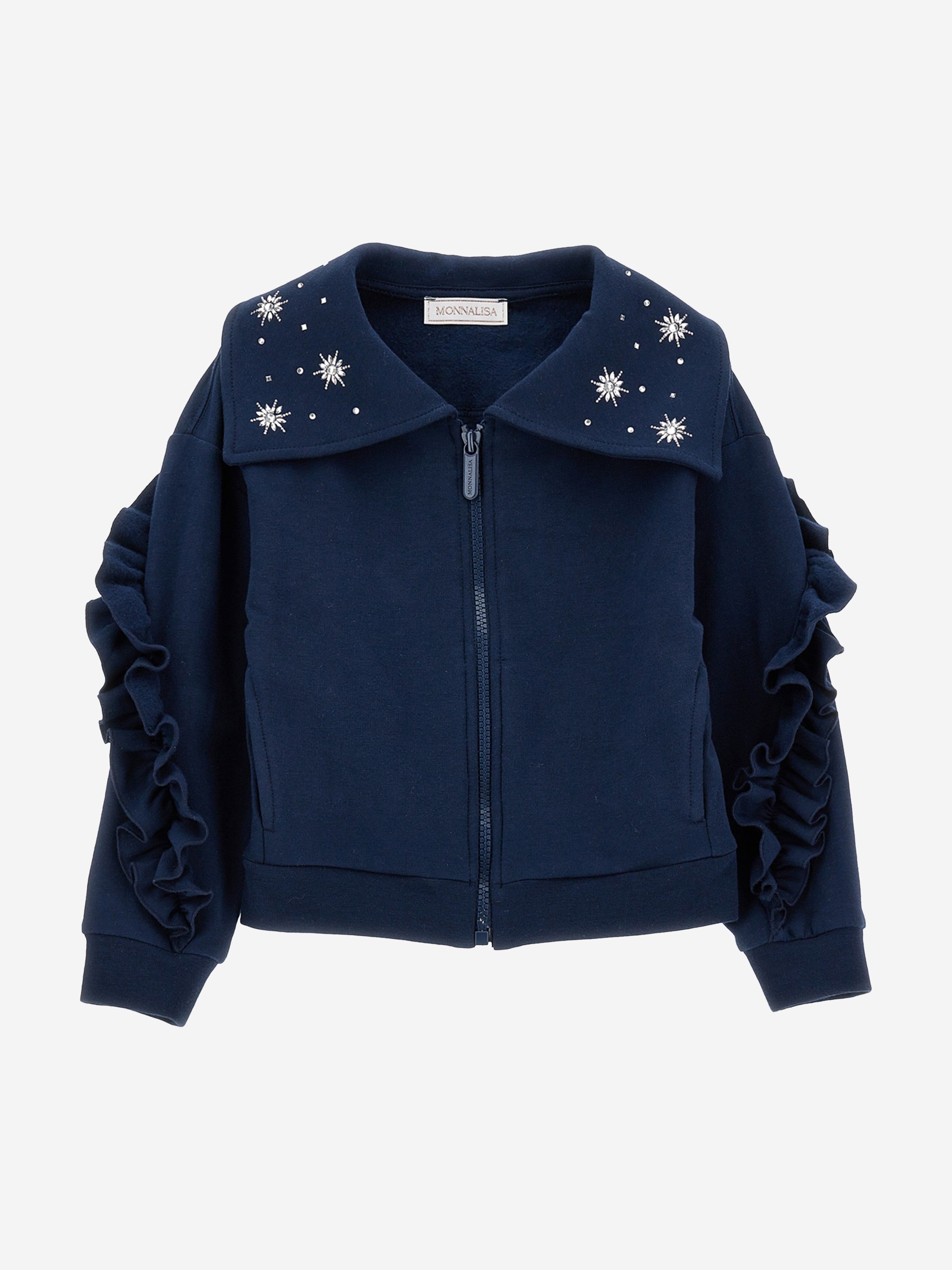 Monnalisa Girls Ruffle Zip Up Top in Navy