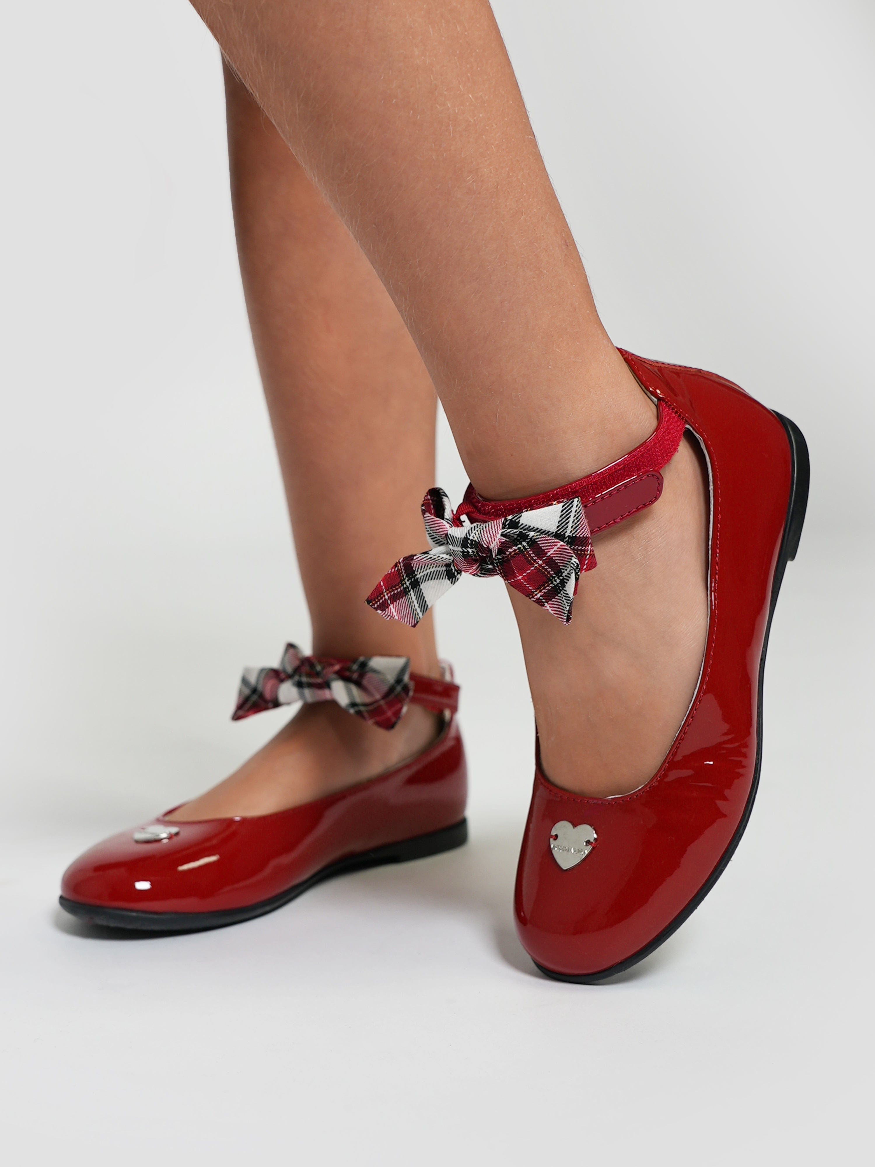 Monnalisa Girls Patent Leather Tartan Bow Shoes in Red