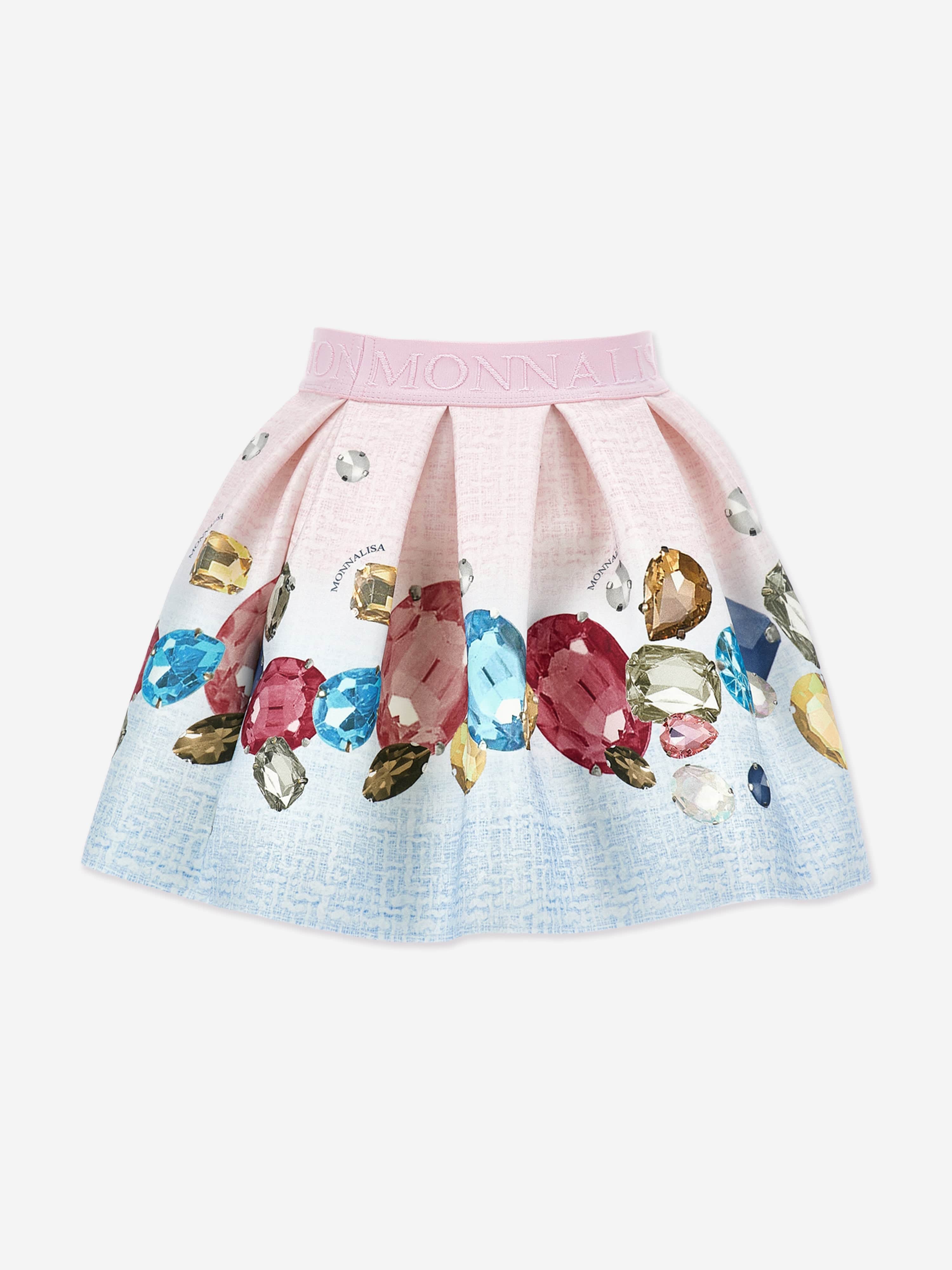 Monnalisa Girls Gem Print Neoprene Skirt in Pink