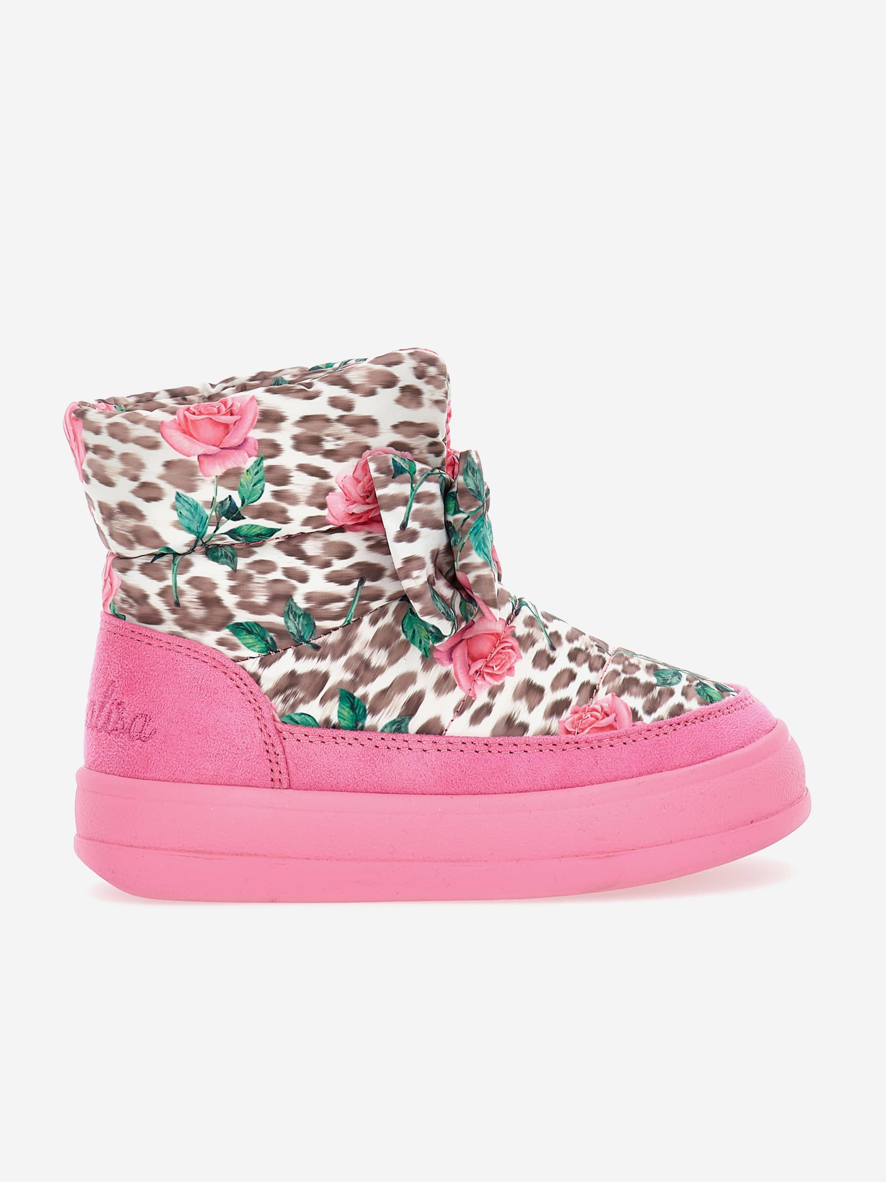Monnalisa Girls Leopard and Rose Snow Boots in Pink