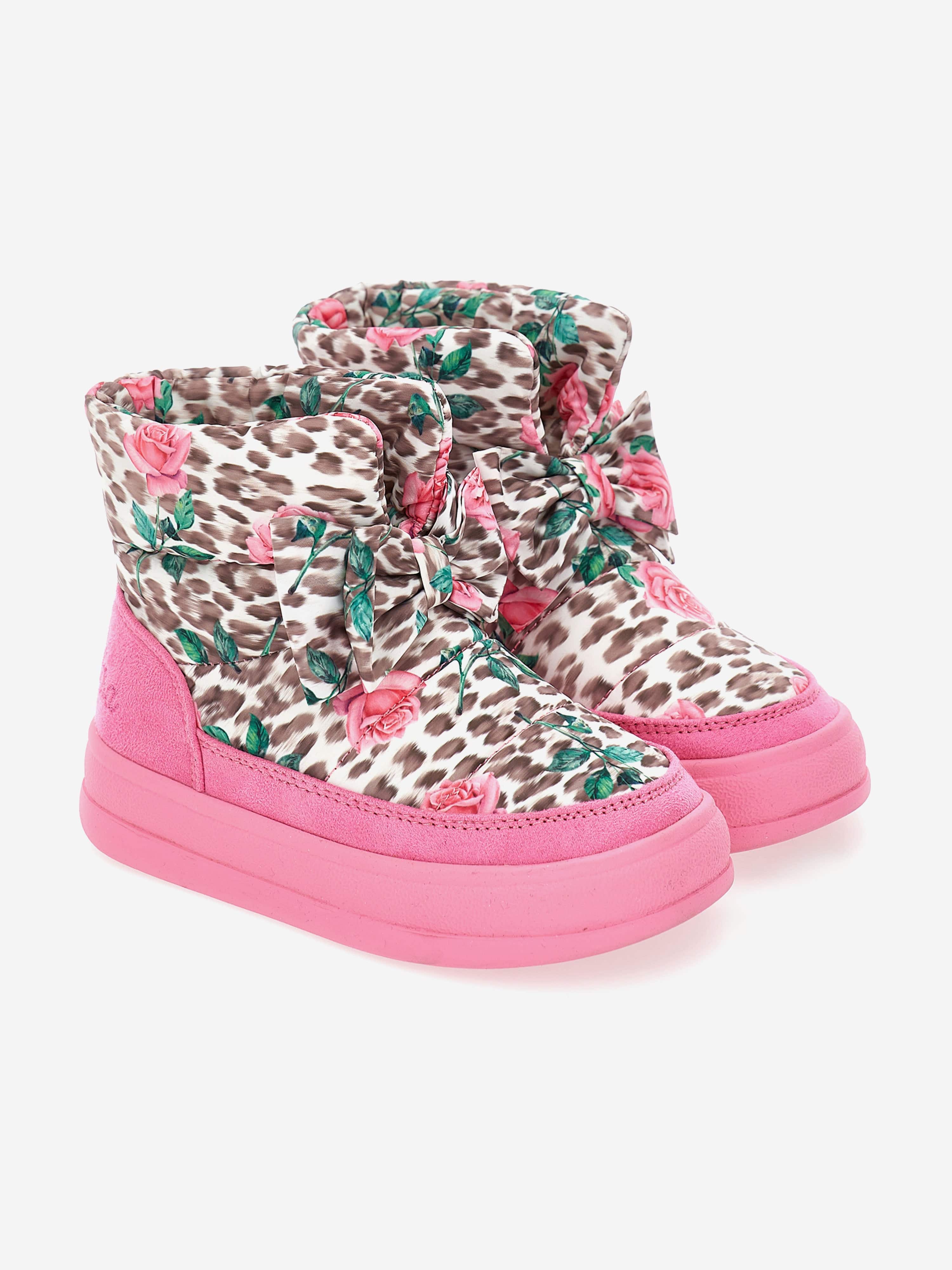 Monnalisa Girls Leopard and Rose Snow Boots in Pink