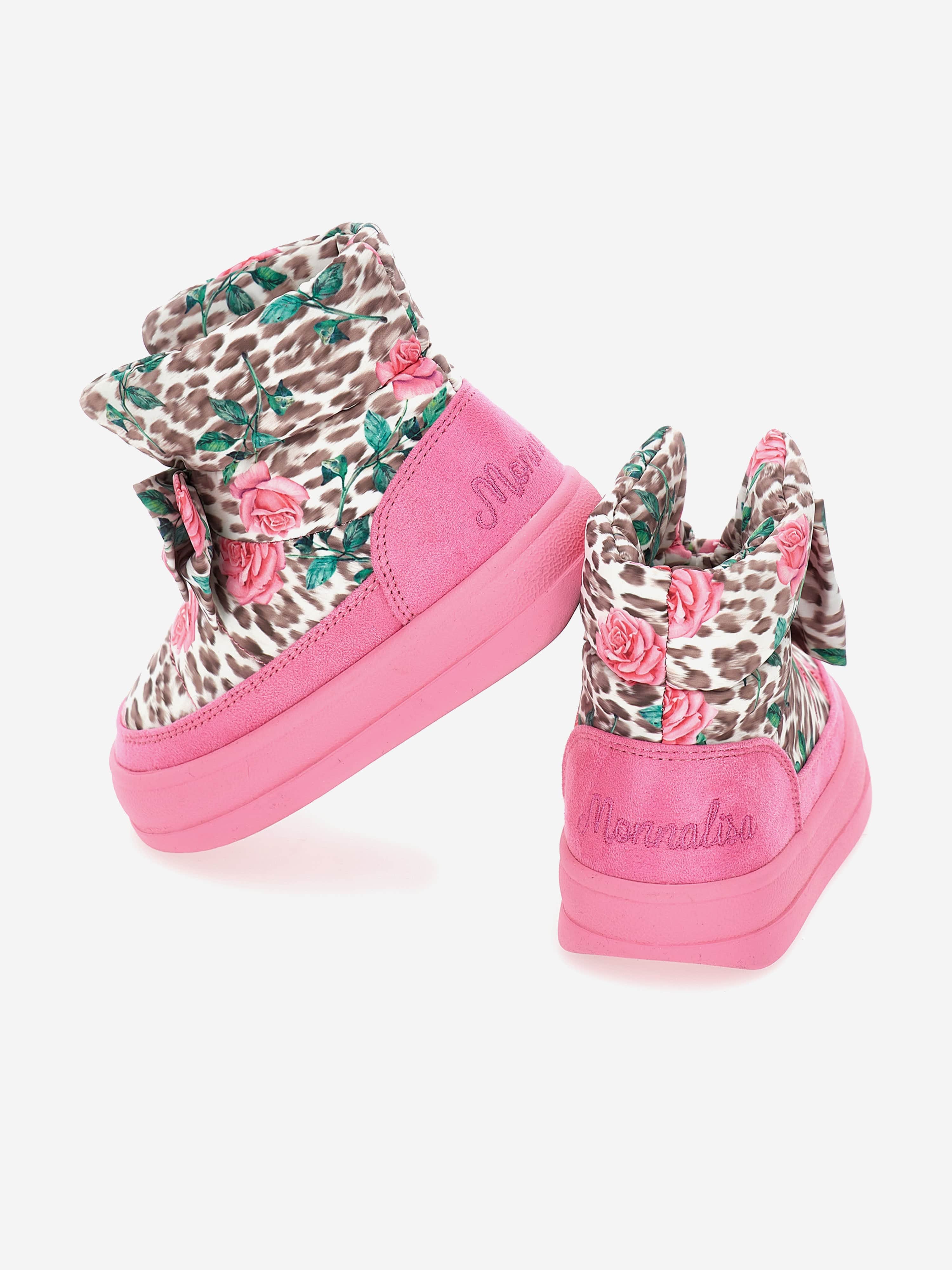 Monnalisa Girls Leopard and Rose Snow Boots in Pink