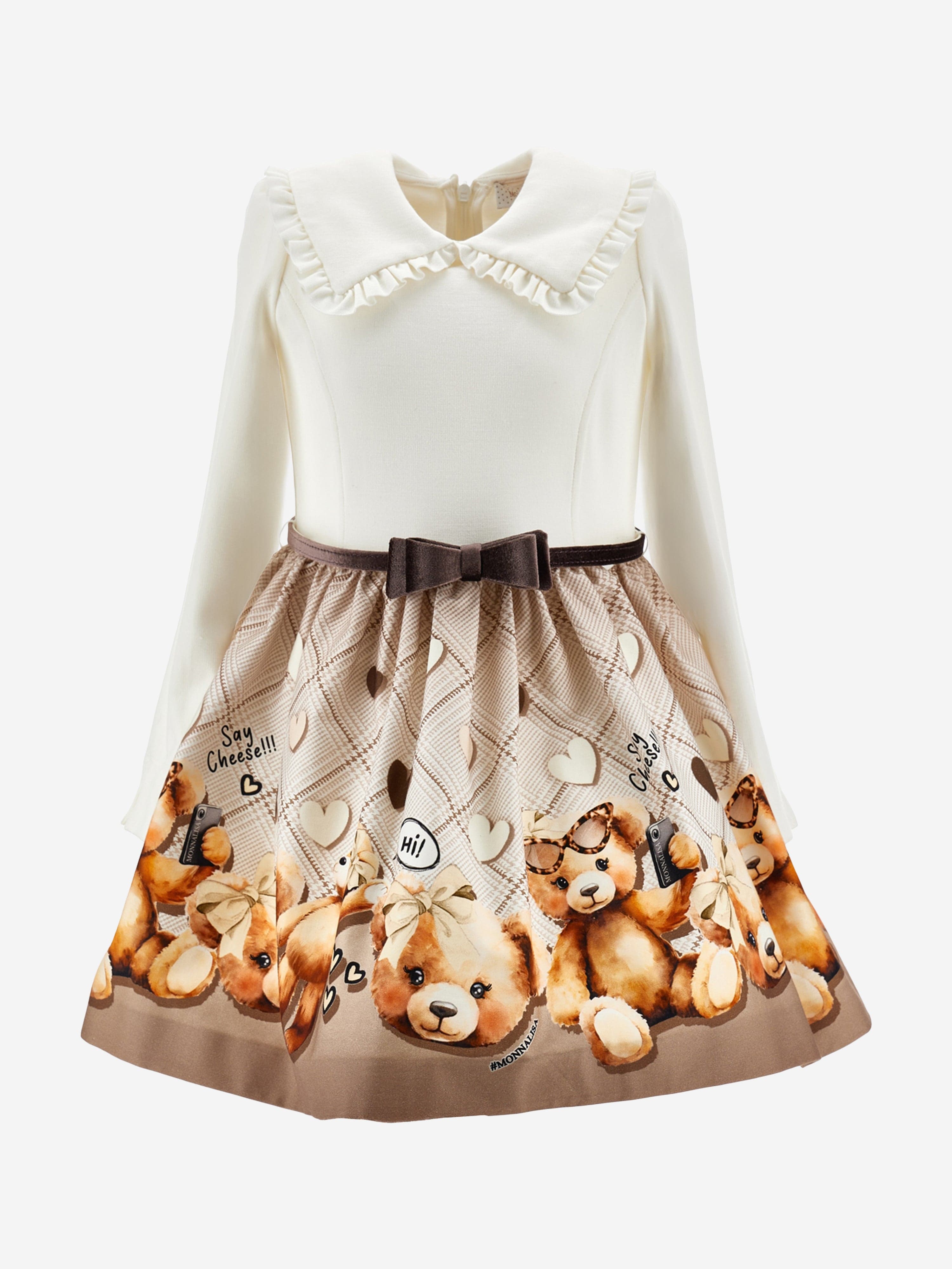 Monnalisa Girls Teddy Bear Dress in Brown