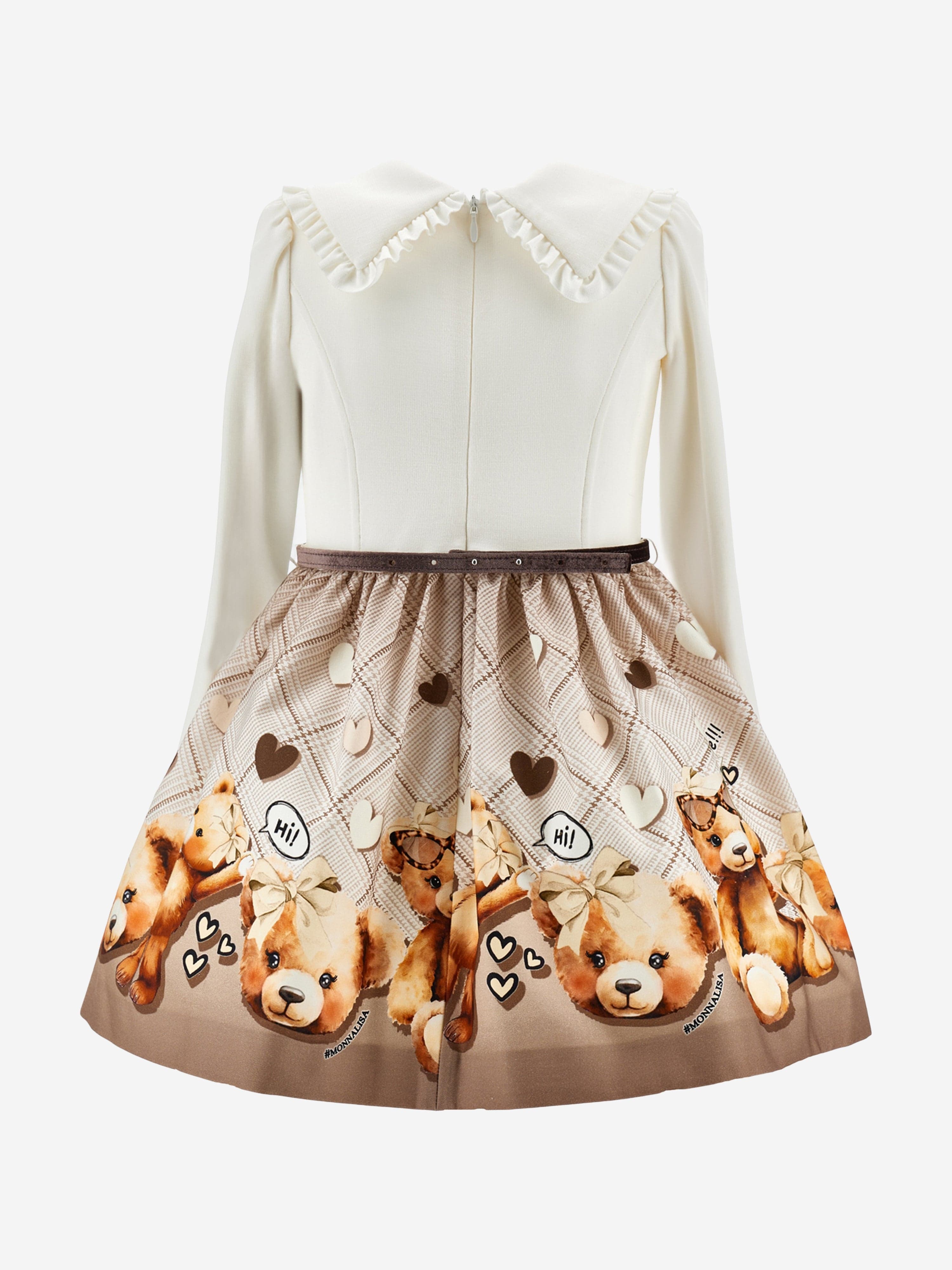 Monnalisa Girls Teddy Bear Dress in Brown