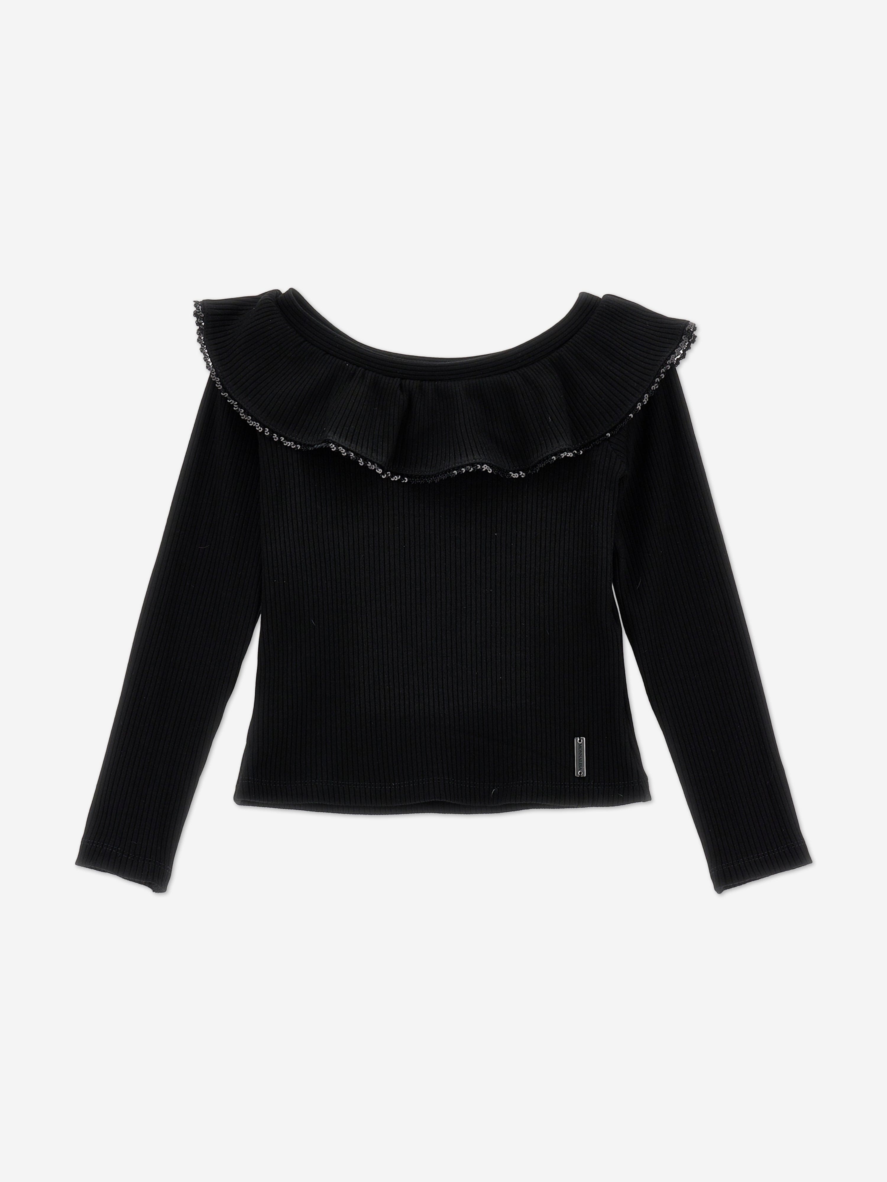 Monnalisa Girls Knitted Ruffle Collar Top in Black