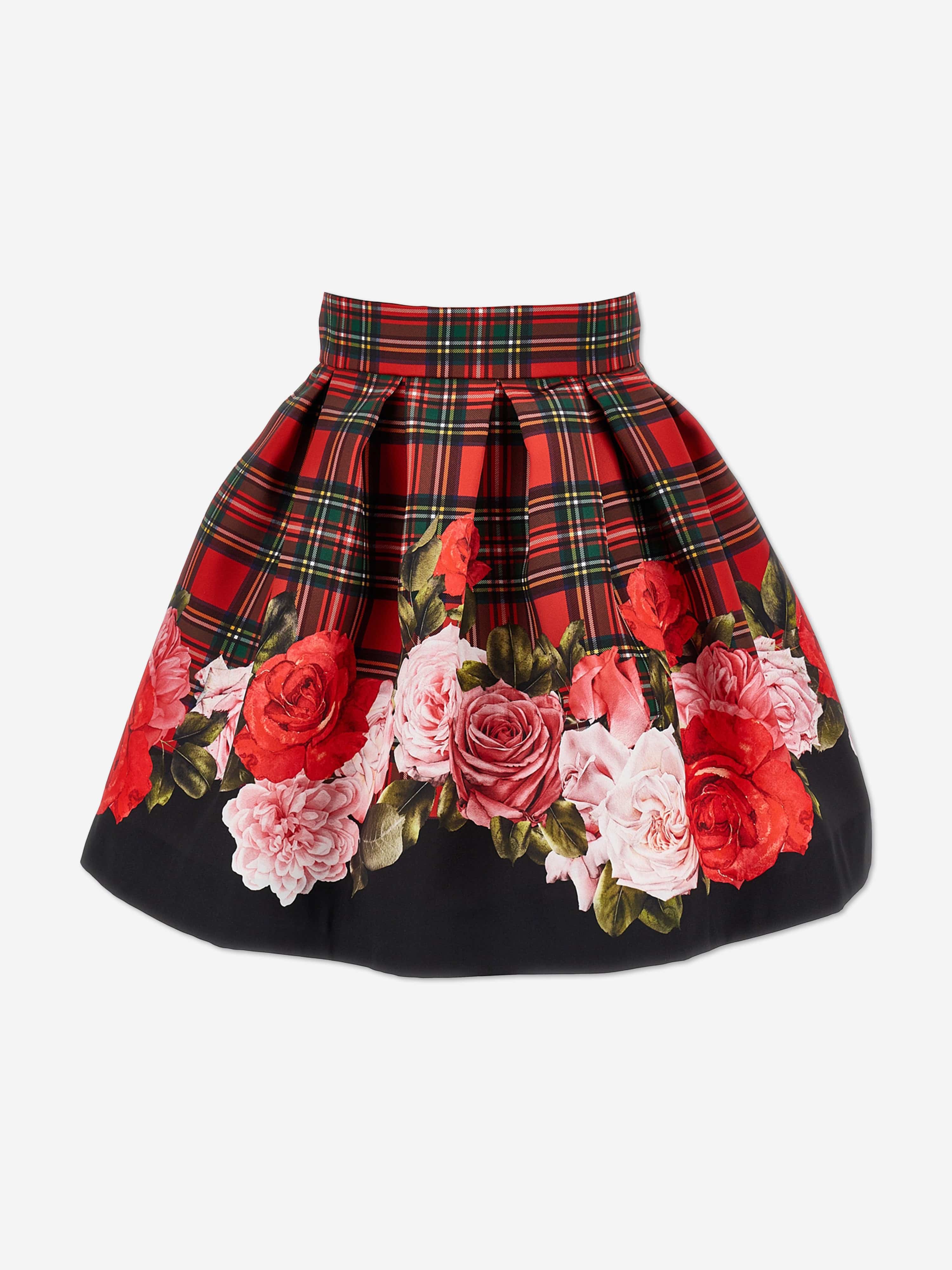 Monnalisa Girls Tartan and Rose Skirt in Red