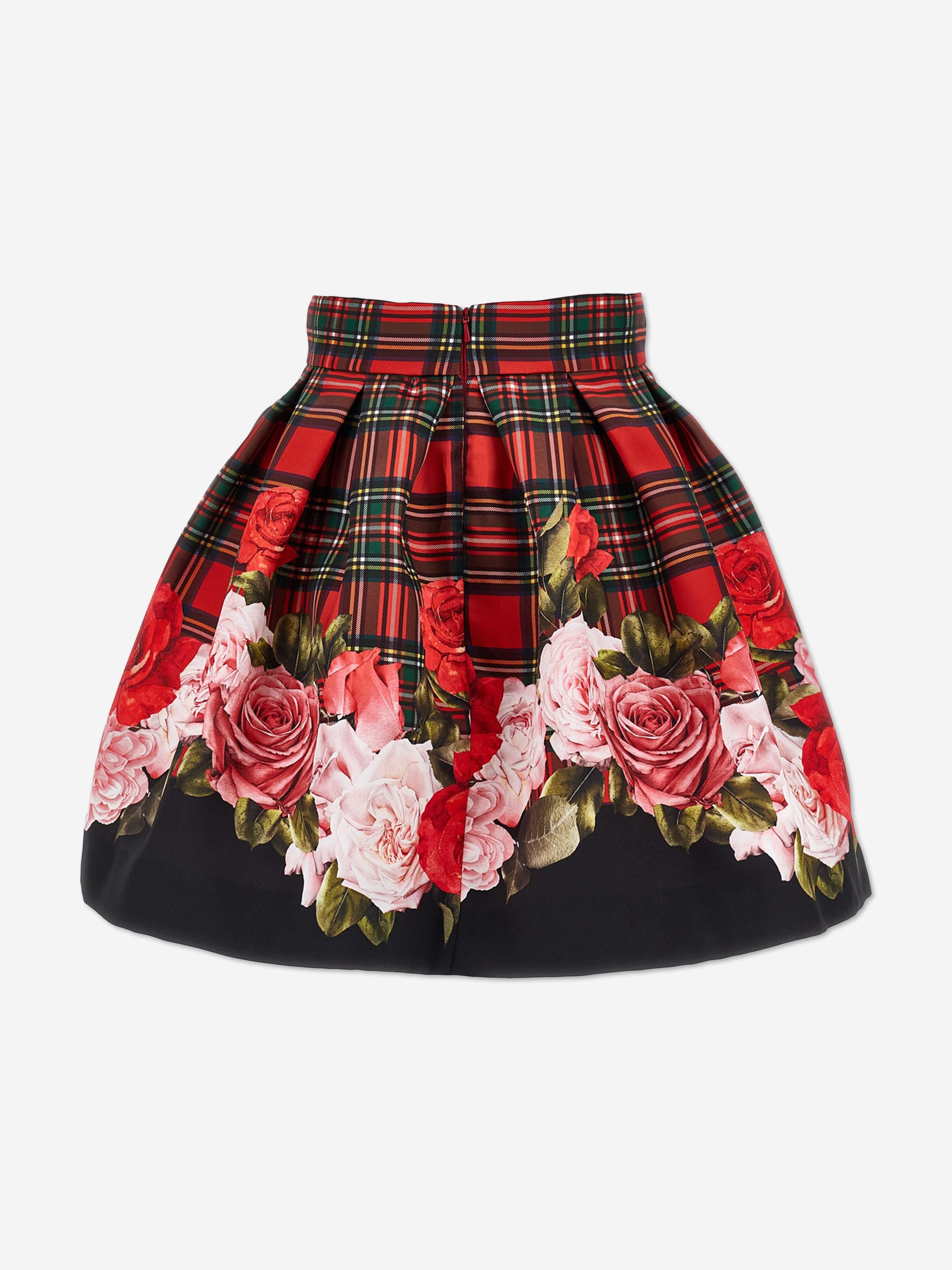 Monnalisa Girls Tartan and Rose Skirt in Red