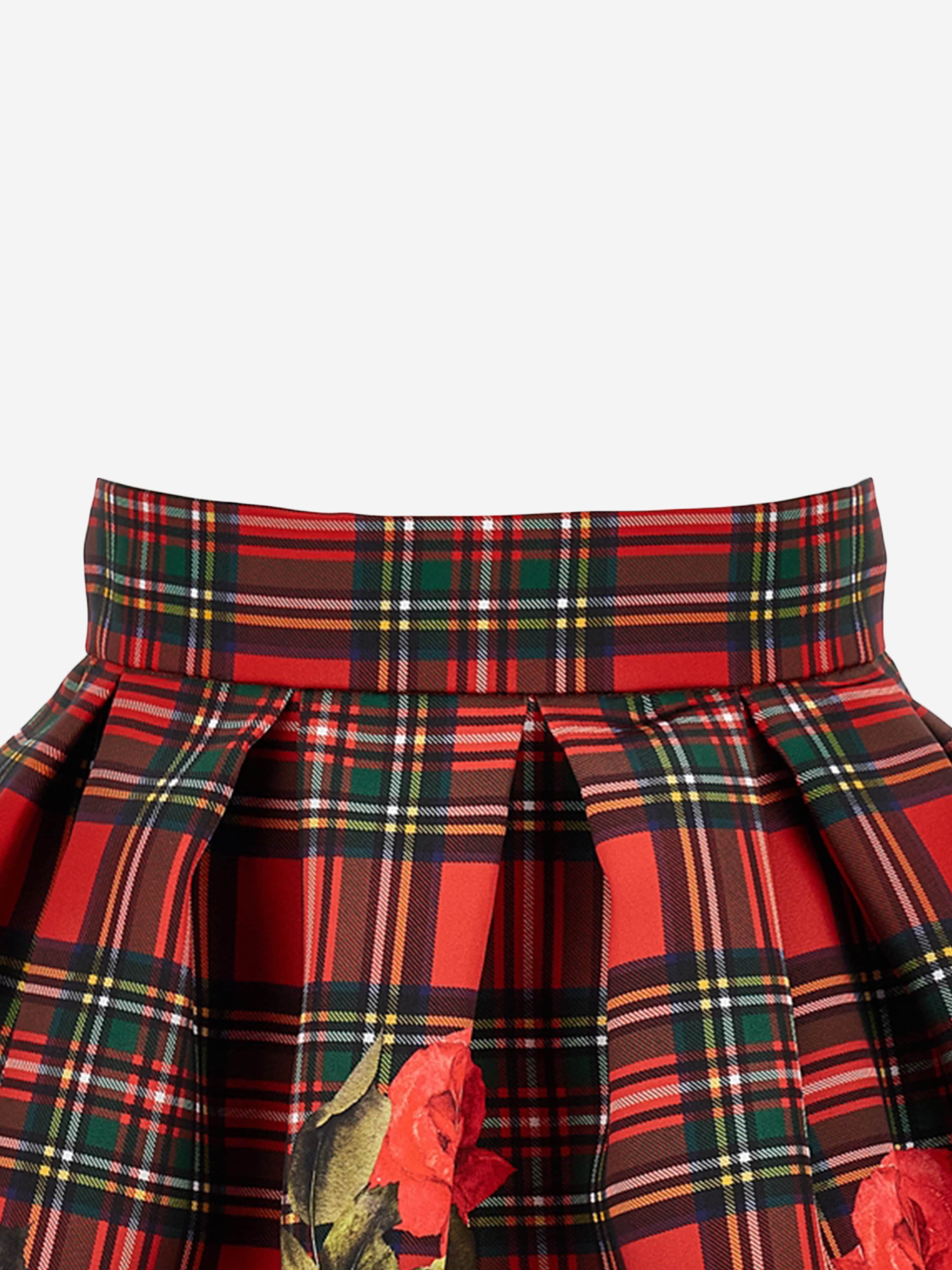 Monnalisa Girls Tartan and Rose Skirt in Red