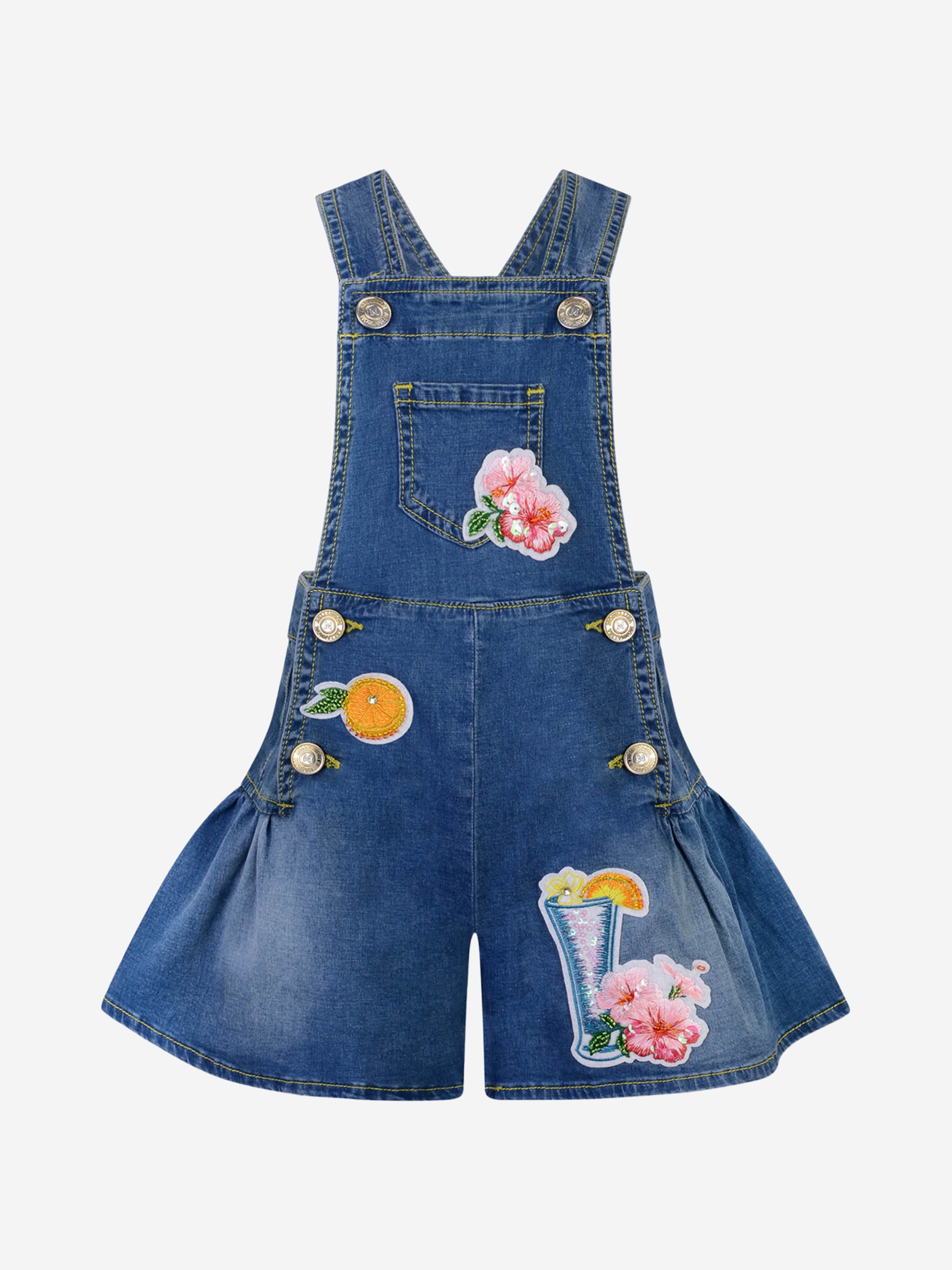 Monnalisa Girls Short Dungarees - Blue Cotton Chambray Short Dungarees