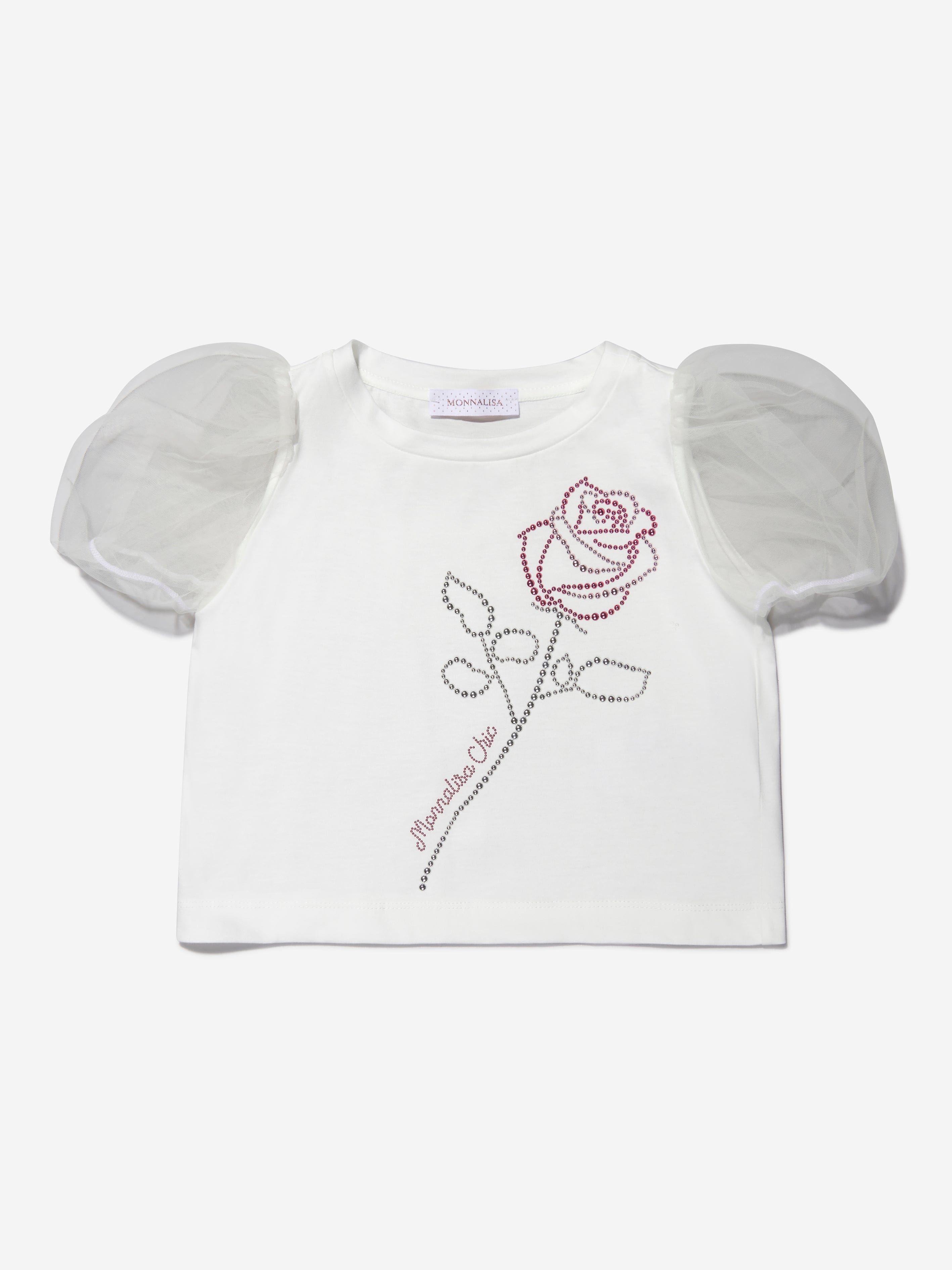 Monnalisa Girls Cotton And Tulle Rose T-Shirt