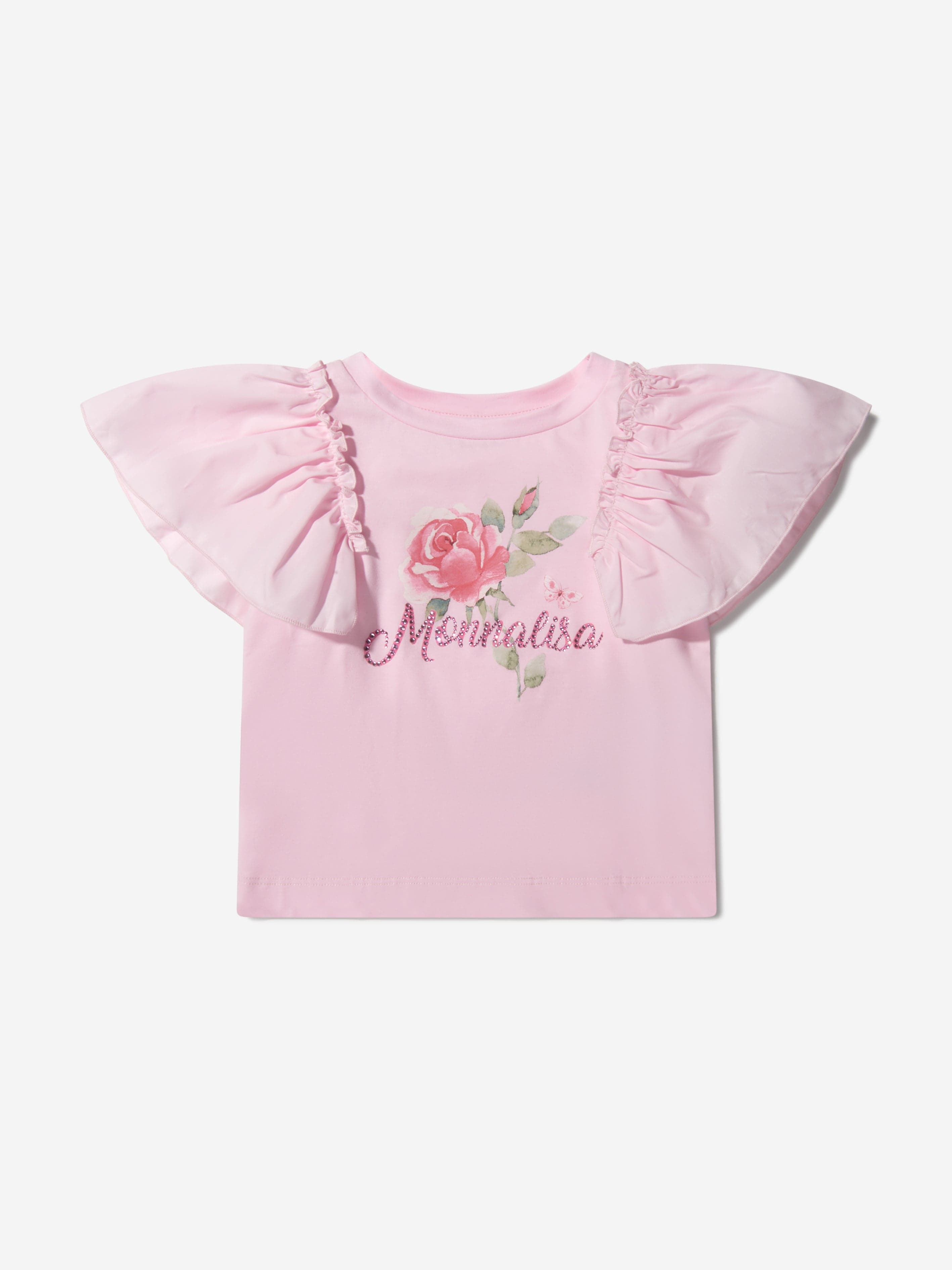 Monnalisa Girls Cotton Ruffle Sleeve Rose T-Shirt