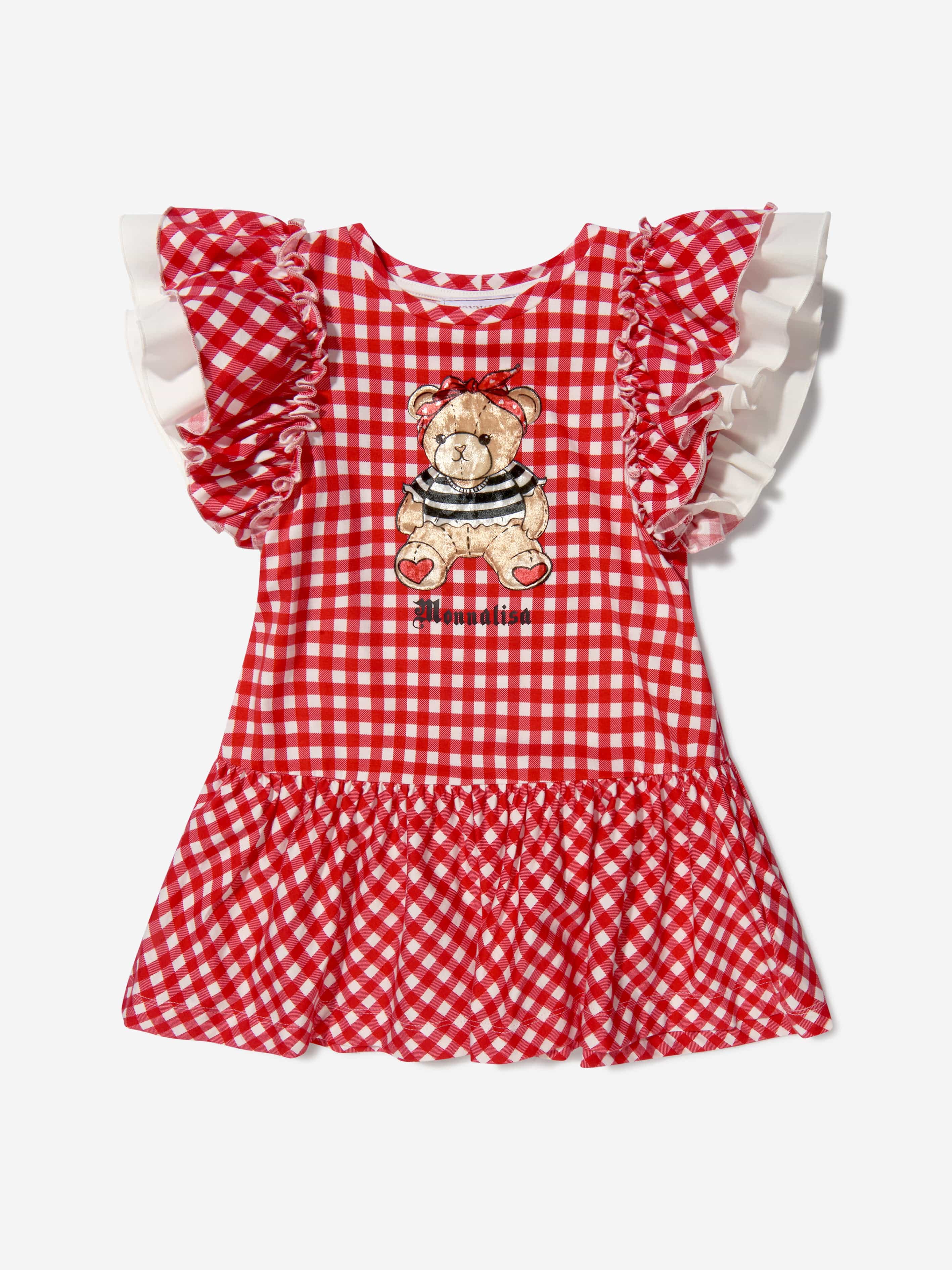 Monnalisa Girls Cotton Gingham Teddy Bear Dress