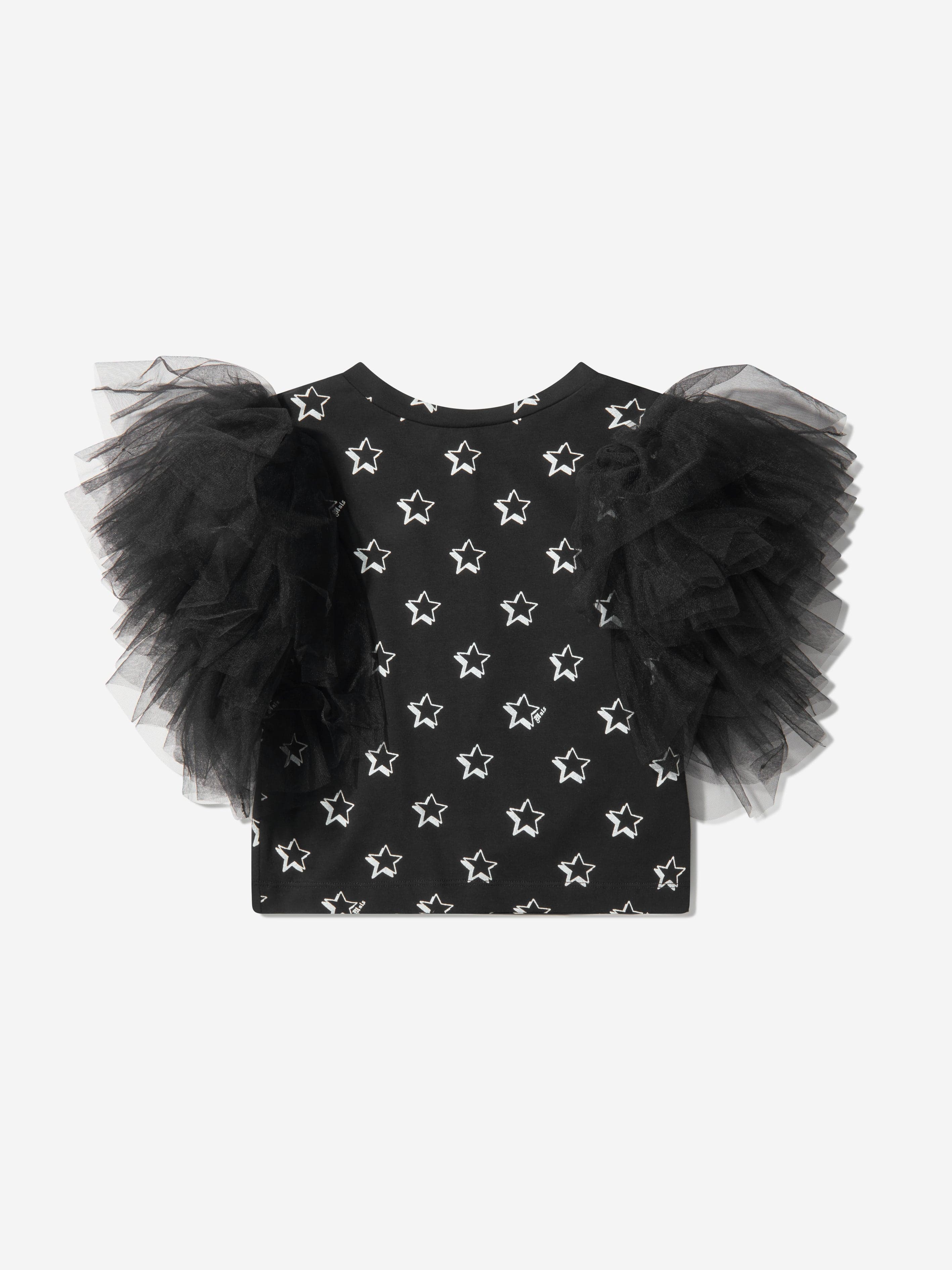 Monnalisa Girls Cotton Star T-Shirt With Tulle Sleeves