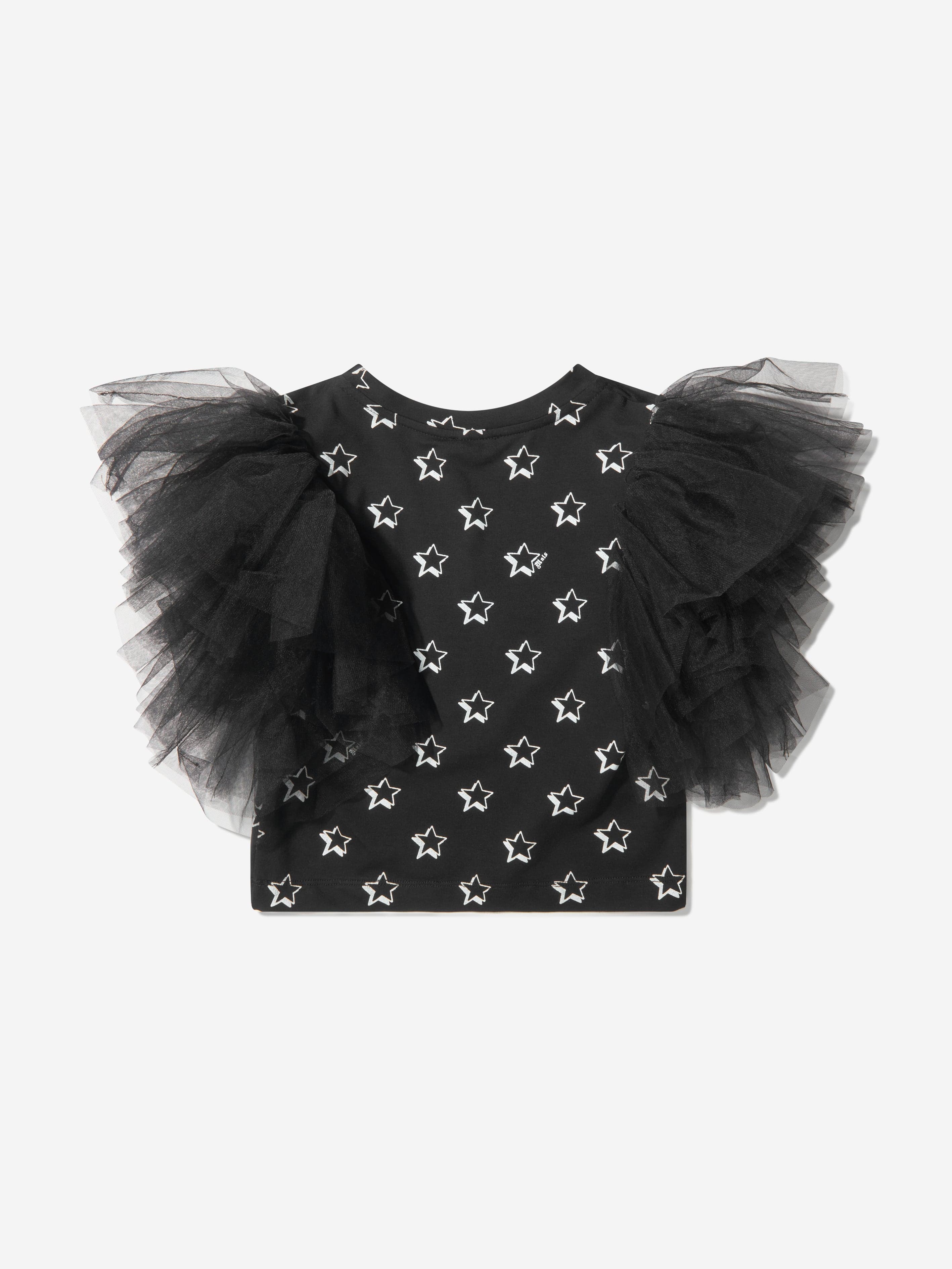 Monnalisa Girls Cotton Star T-Shirt With Tulle Sleeves