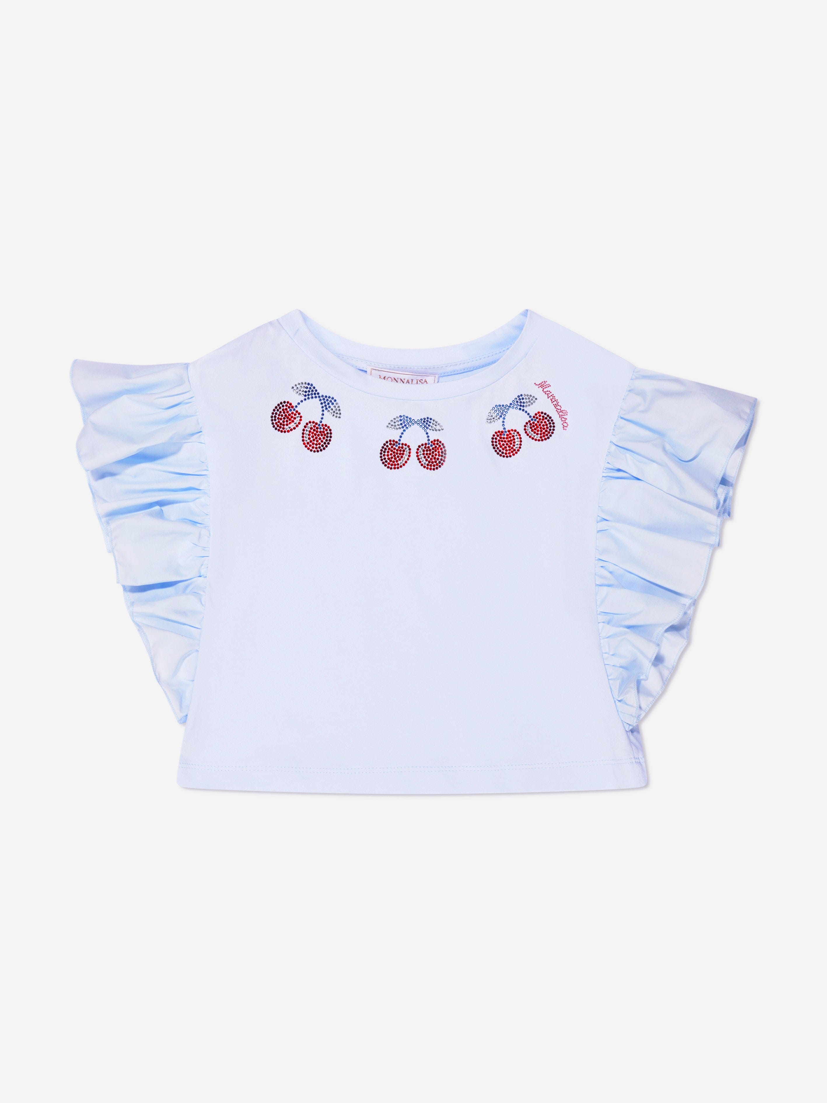 Monnalisa Girls Cropped Cherry T-Shirt in Blue