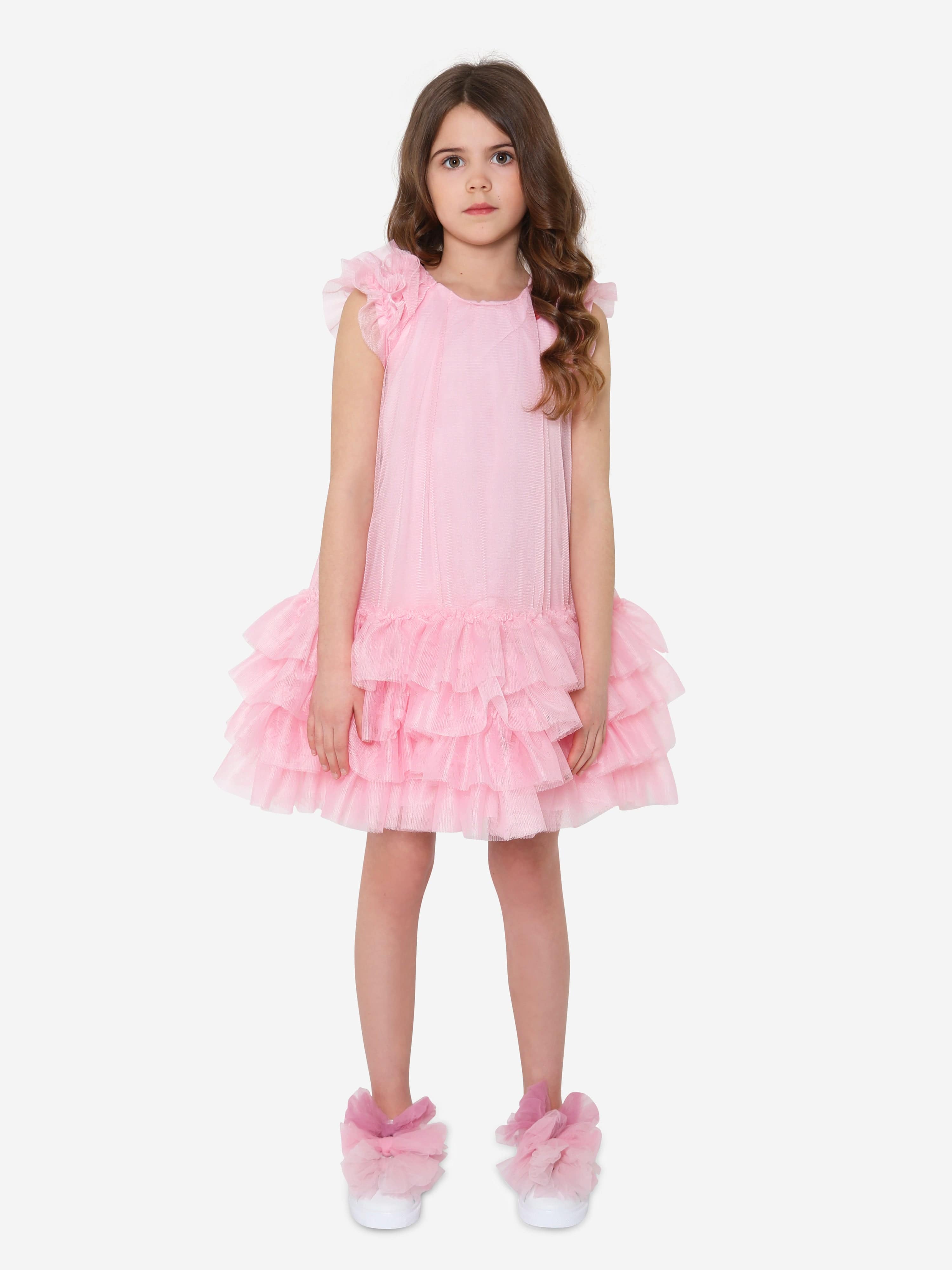 Monnalisa Girls Tulle Ruffle Dress In Pink