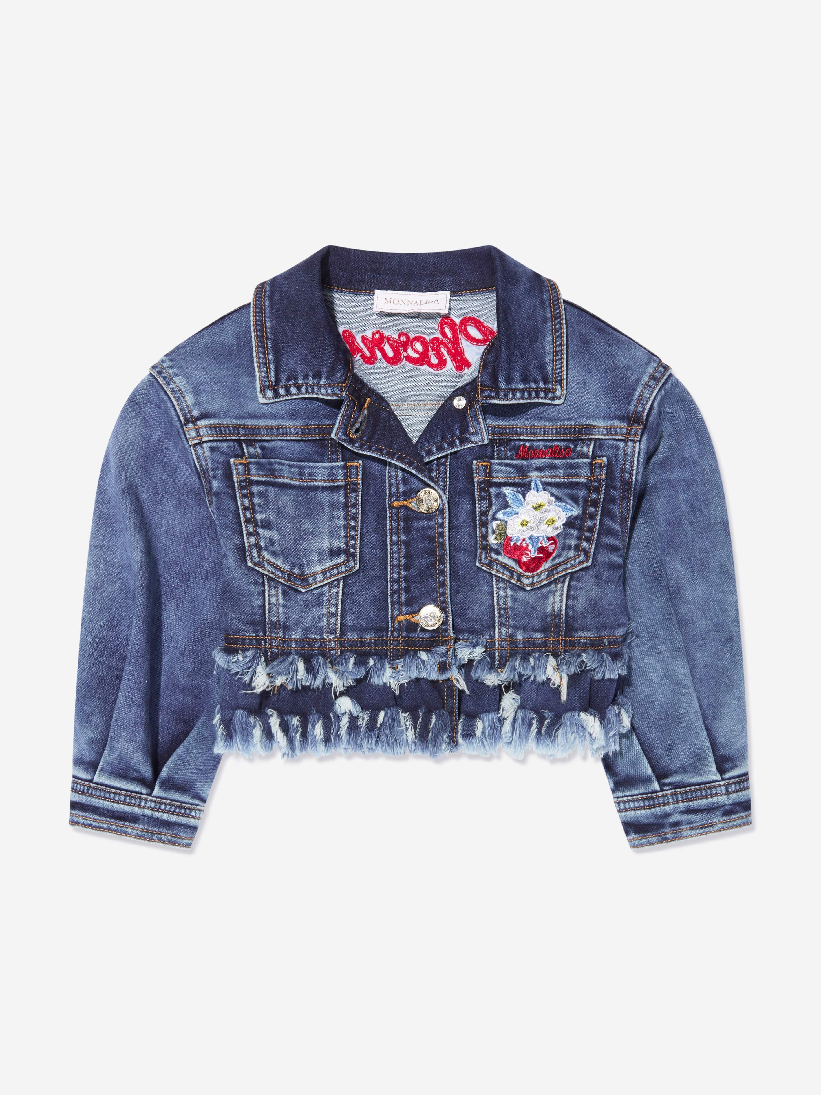 Monnalisa Girls Embroidered Cherries Denim Jacket In Blue