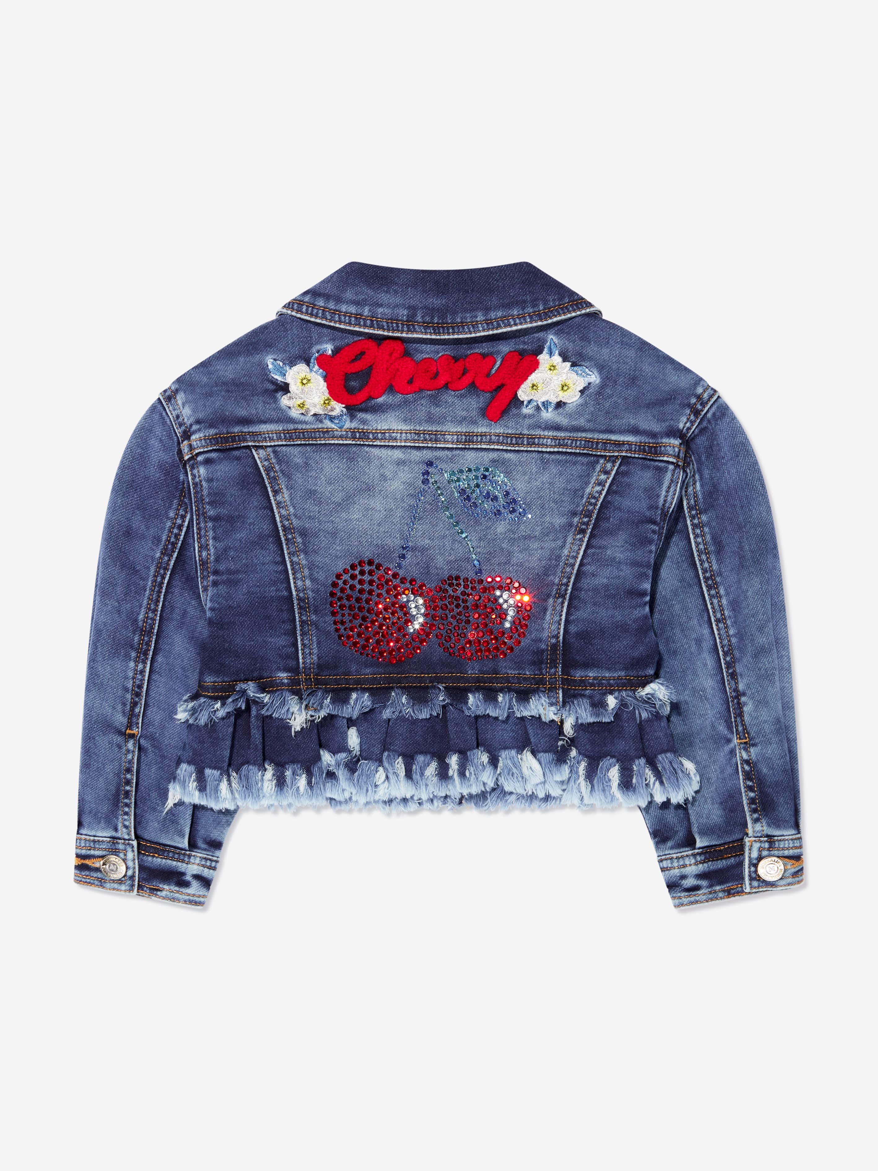 Monnalisa Girls Embroidered Cherries Denim Jacket In Blue