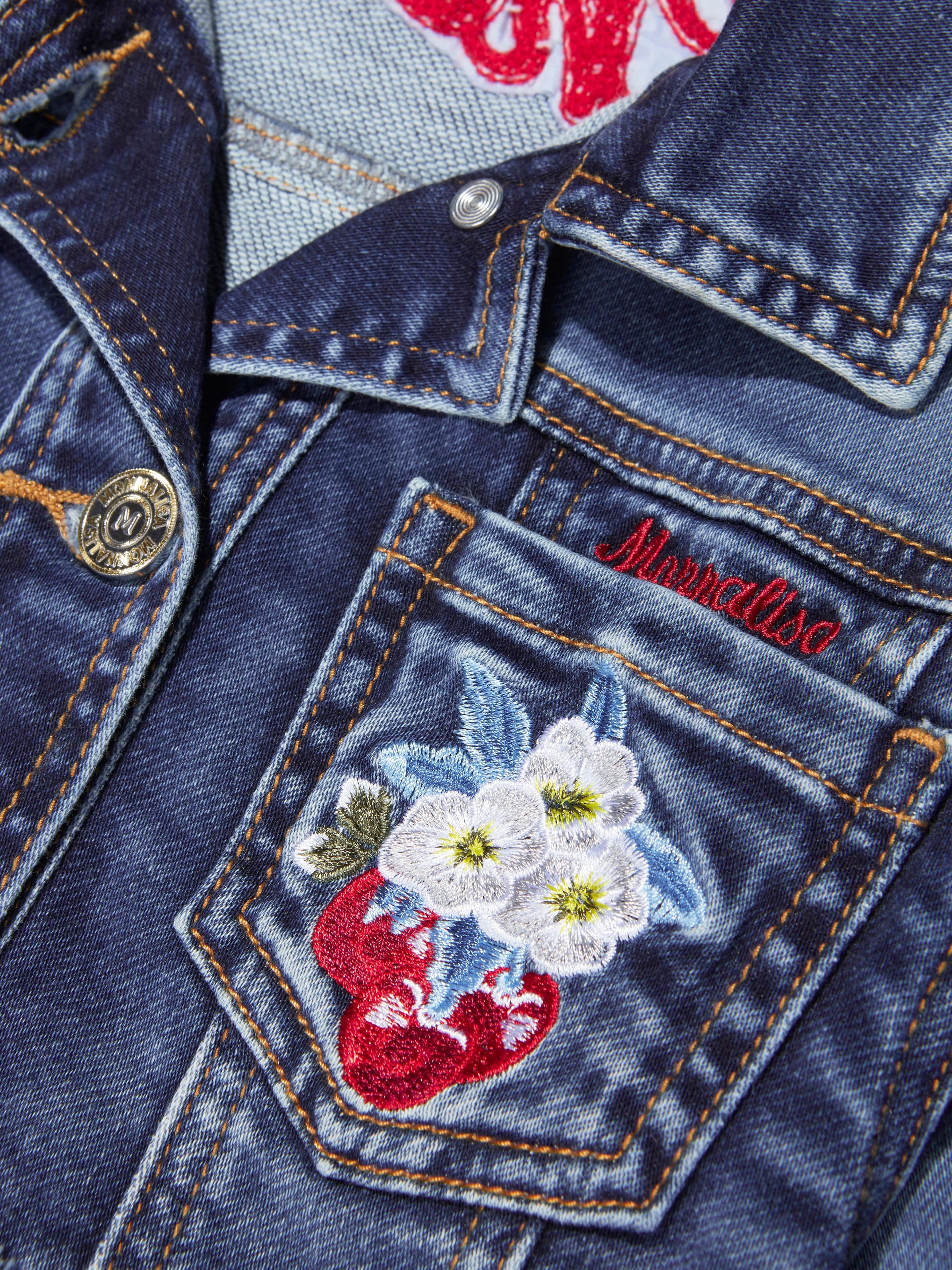 Monnalisa Girls Embroidered Cherries Denim Jacket In Blue