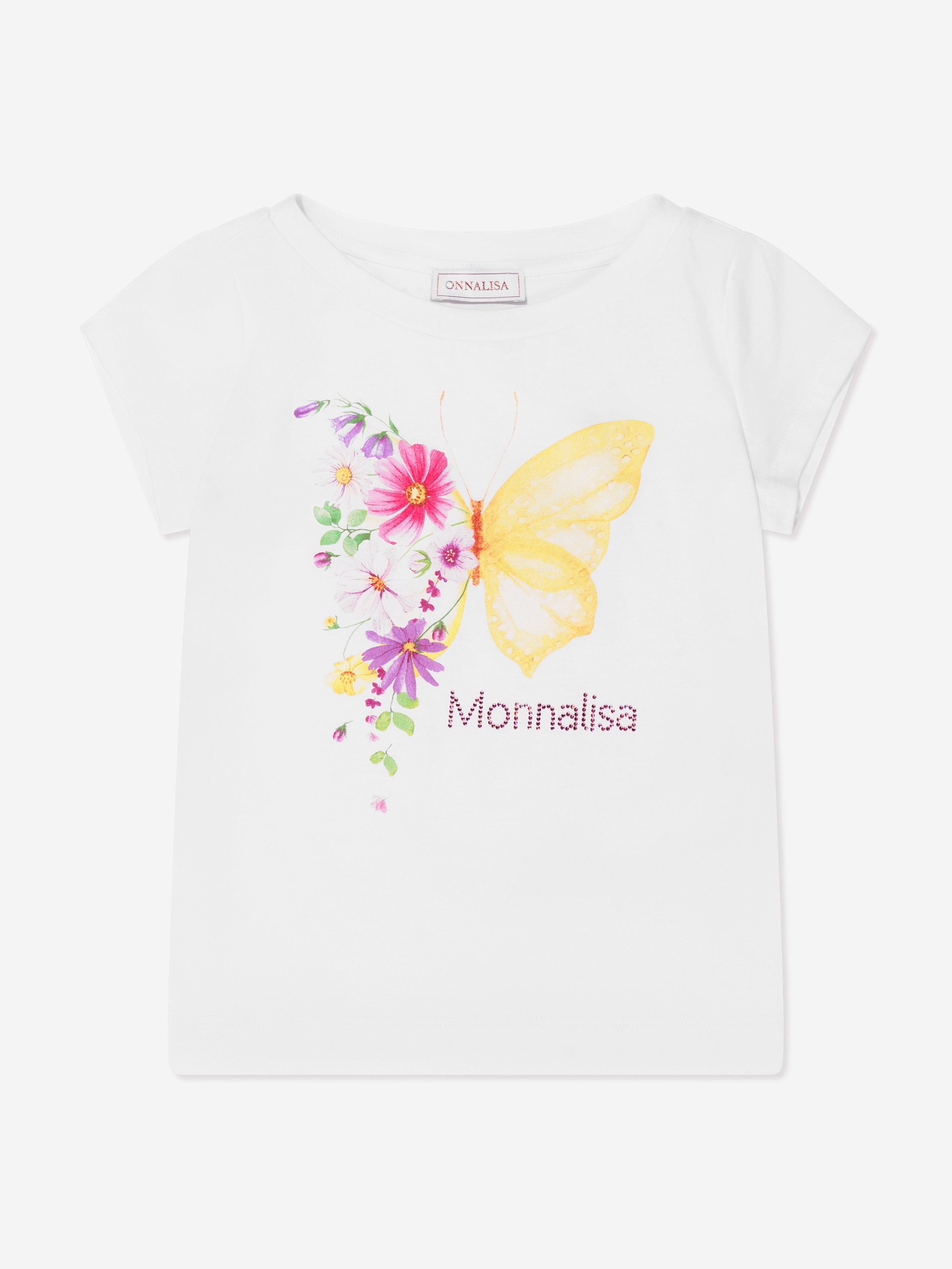 Monnalisa Girls Floral Butterfly T-Shirt in White