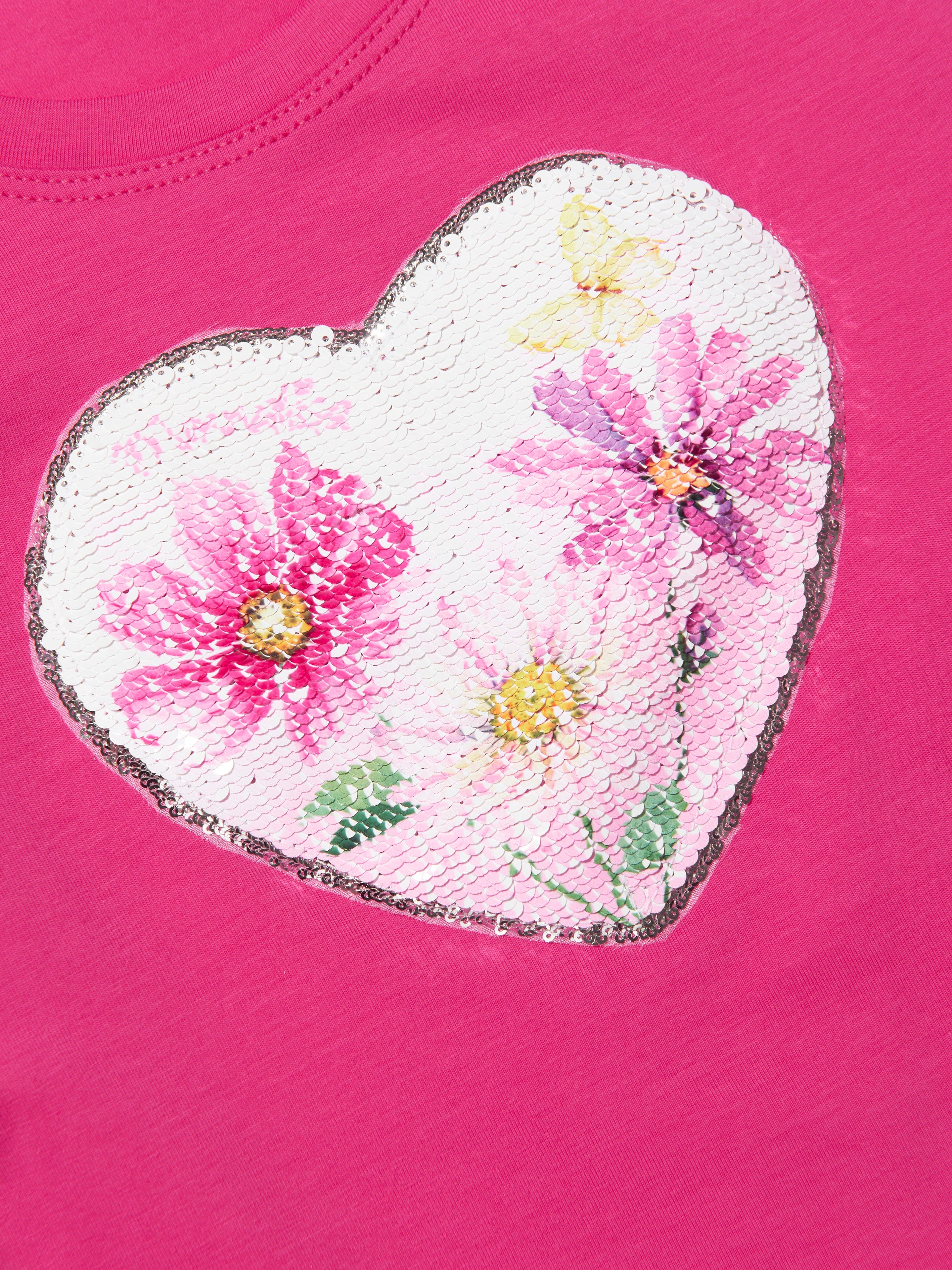 Monnalisa Girls Sequin Floral Heart T-Shirt in Pink