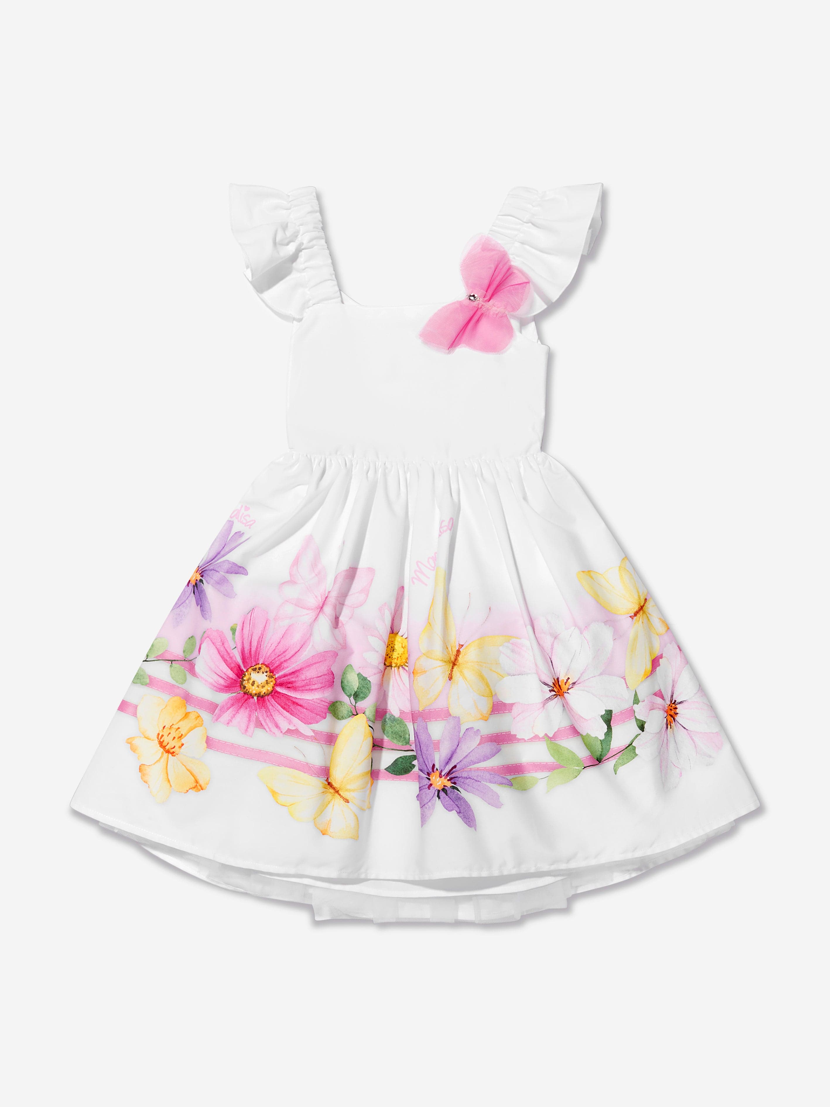 Monnalisa Girls Floral Print Dress in White