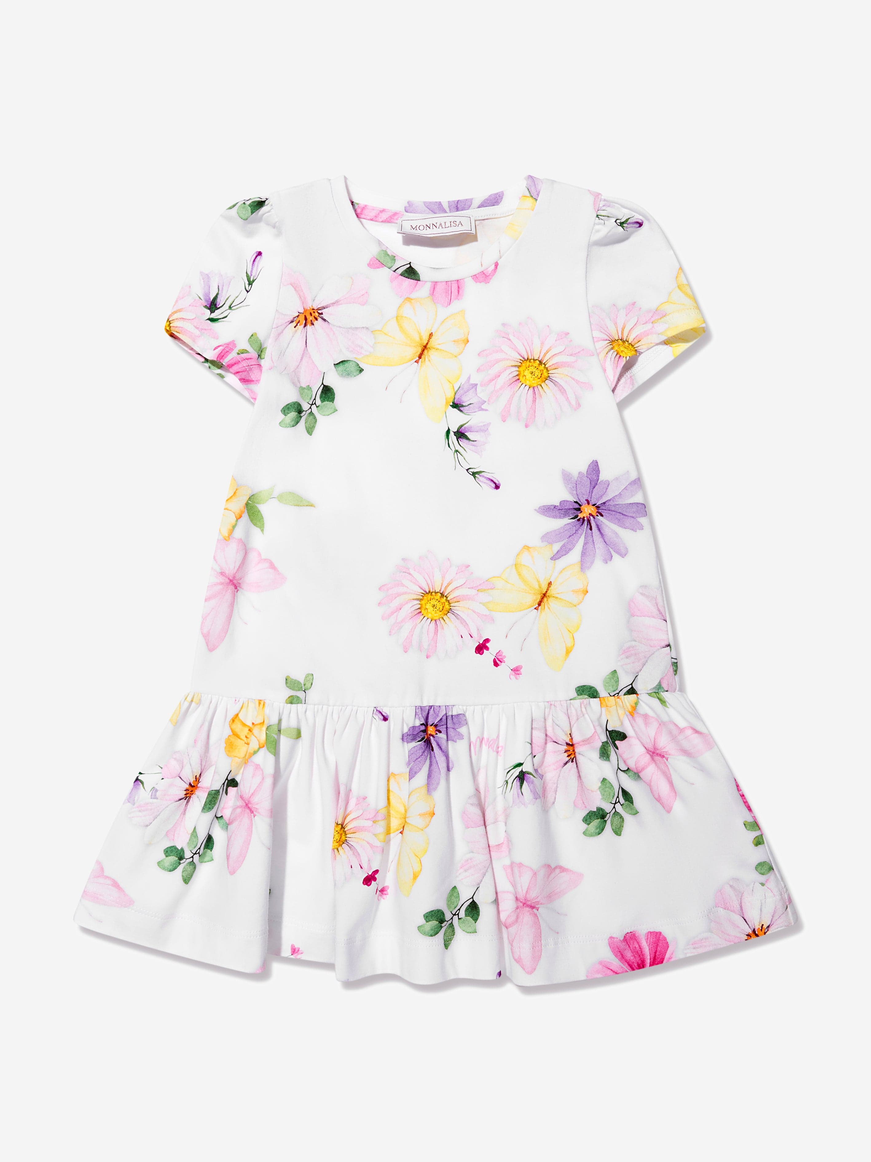 Monnalisa Girls Floral Print Jersey Dress in White